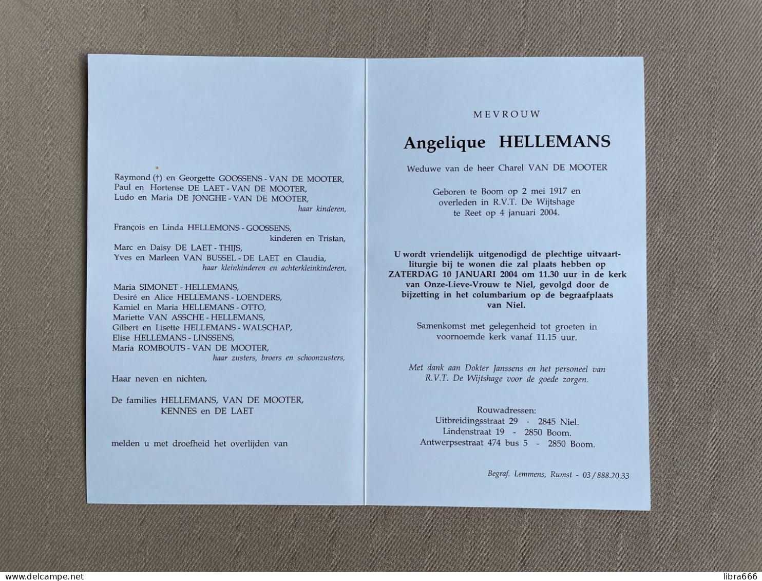 HELLEMANS Angelique °BOOM 1917 +REET 2004 - VAN DE MOOTER - KENNES - DE LAET - GOOSSENS - DE JONGHE - HELLEMONS - THIJS - Décès