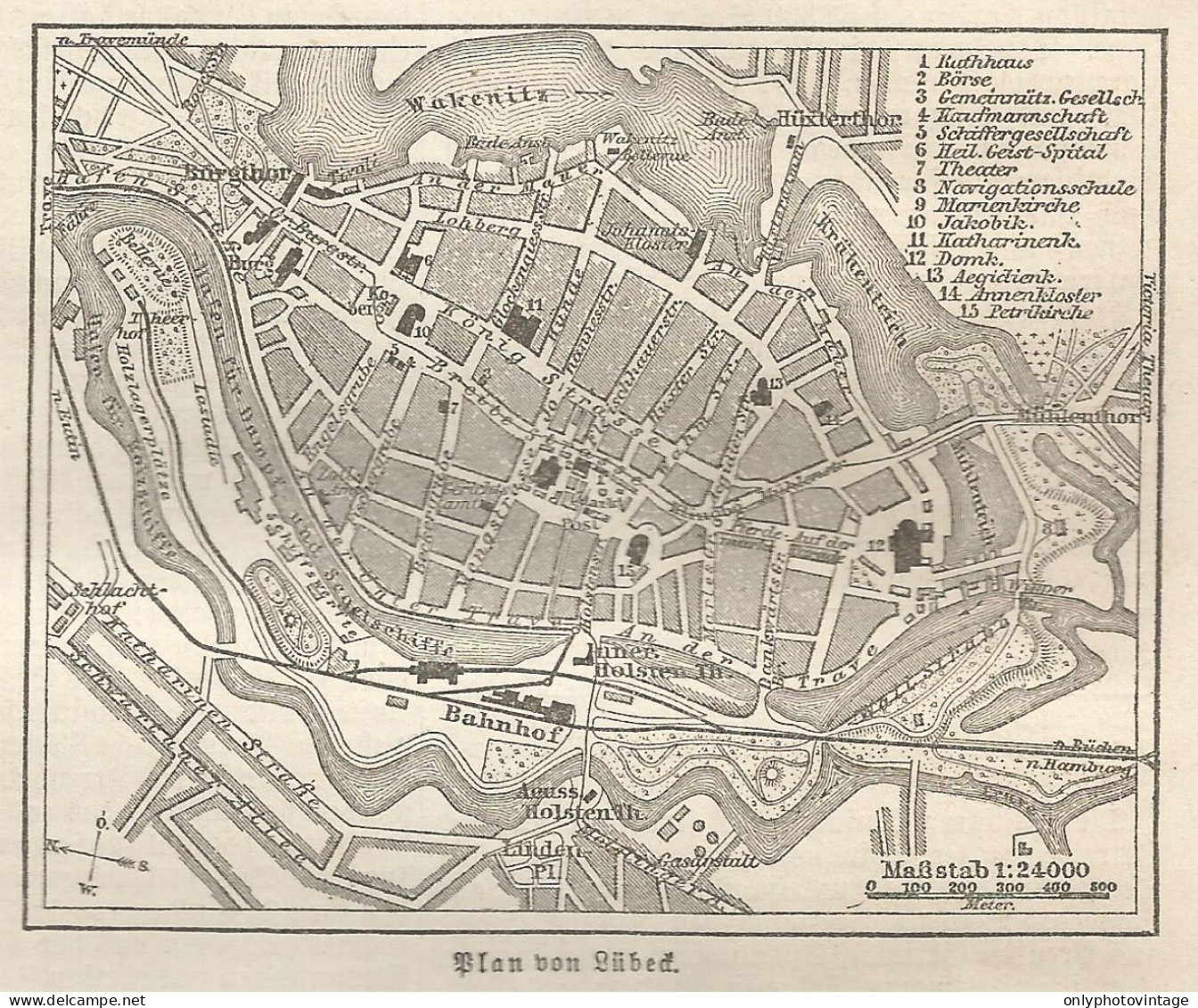 1890 Germany, Lübeck, Carta Geografica Antica, Old City Plan, Plan De La Ville - Carte Geographique