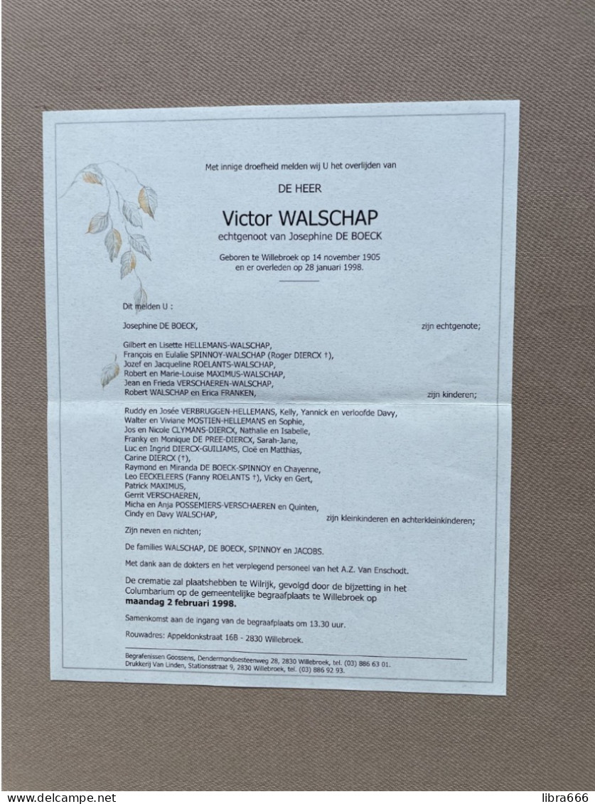 WALSCHAP Victor °WILLEBROEK 1905 +WILLEBROEK 1998 DE BOECK - SPINNOY - JACOBS - HELLEMANS - DIERCX - ROELANTS - MAXIMUS - Décès