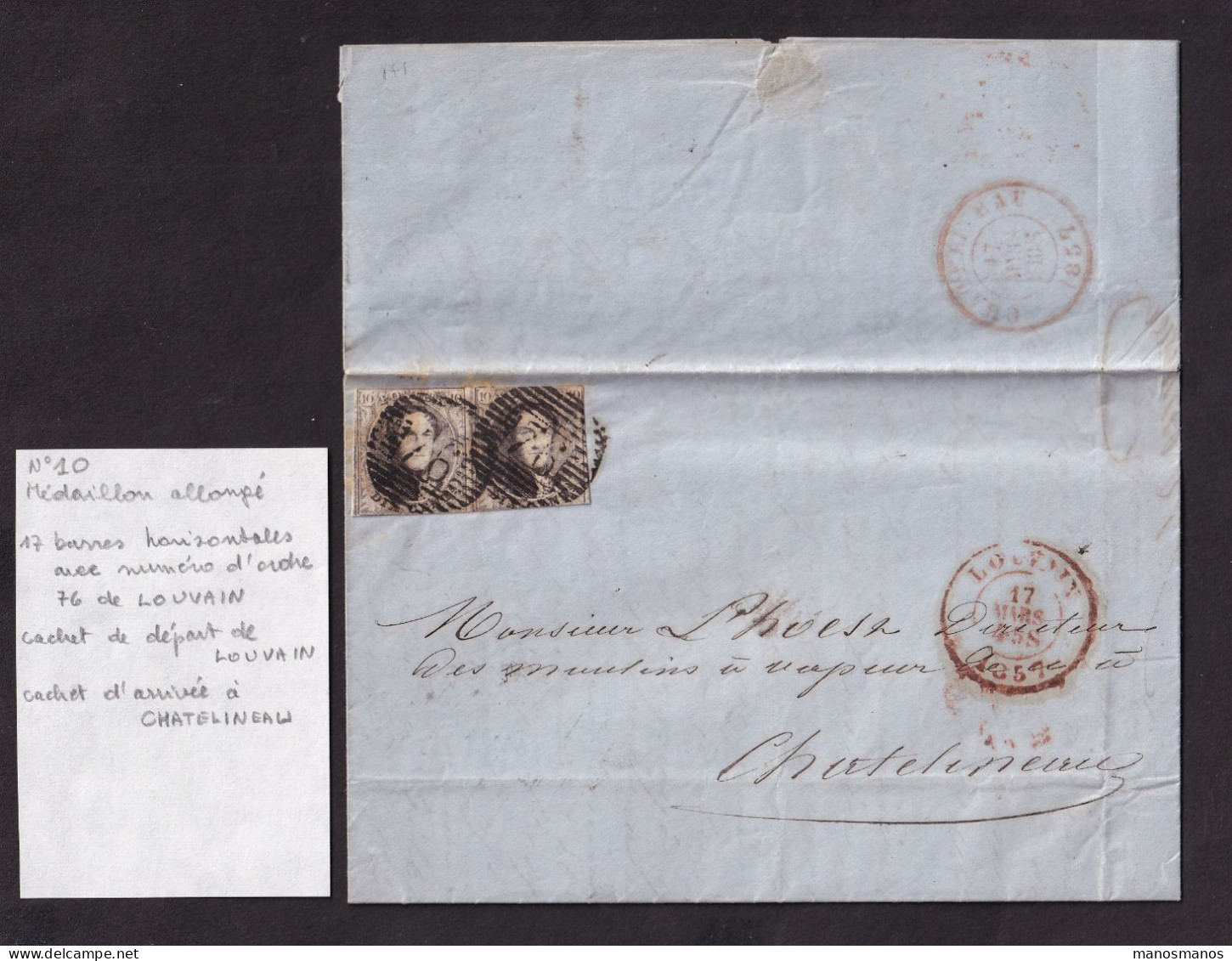 DDFF 839 -- Lettre 2 X TP Médaillon Barres 76 LOUVAIN 1857 Vers CHATELINEAU - Origine WYGMAEL , Remy Frères En Relief - 1851-1857 Médaillons (6/8)