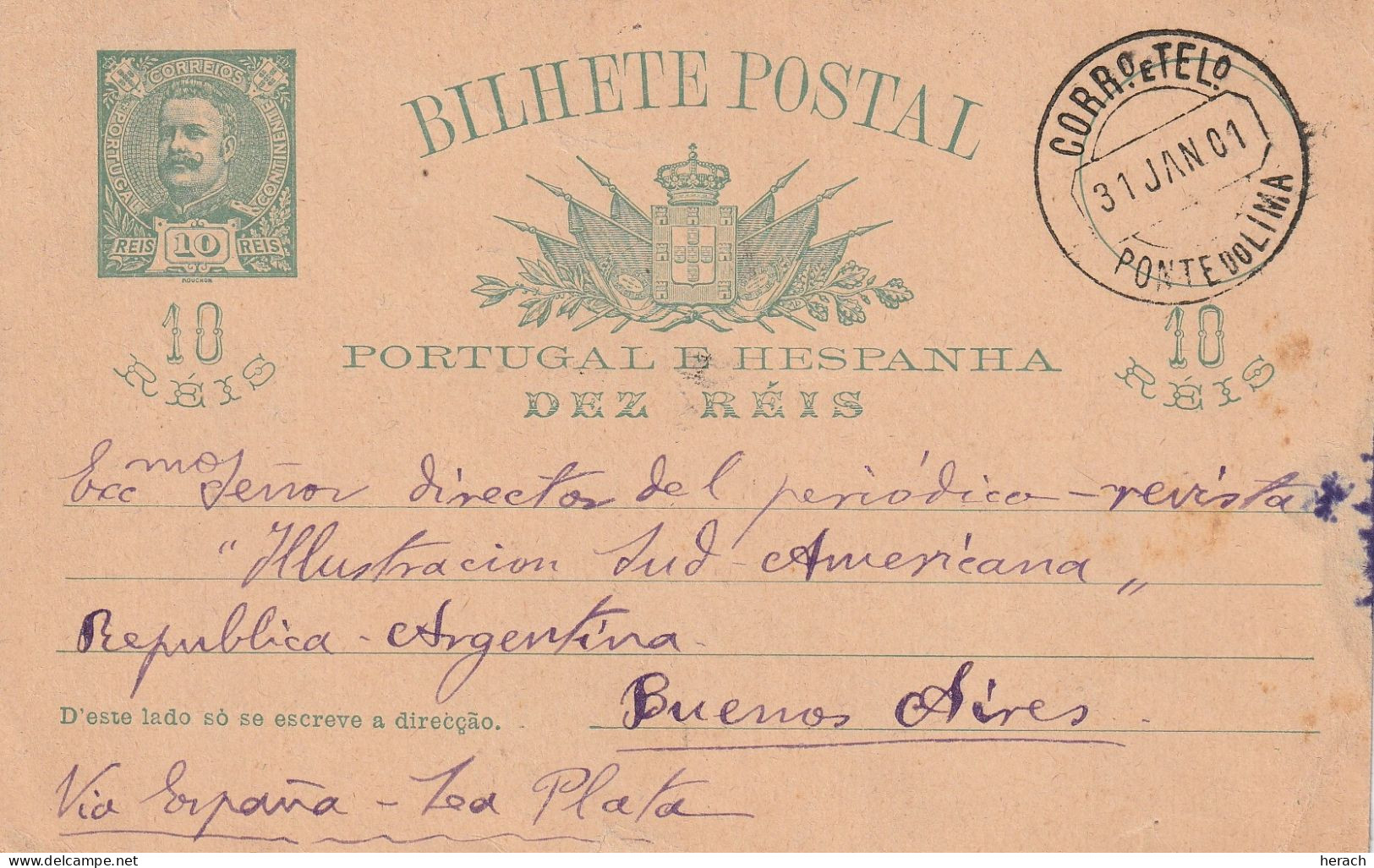 Portugal Entier Postal Ponte Dolima Pour L'Argentine 1901 - Postwaardestukken