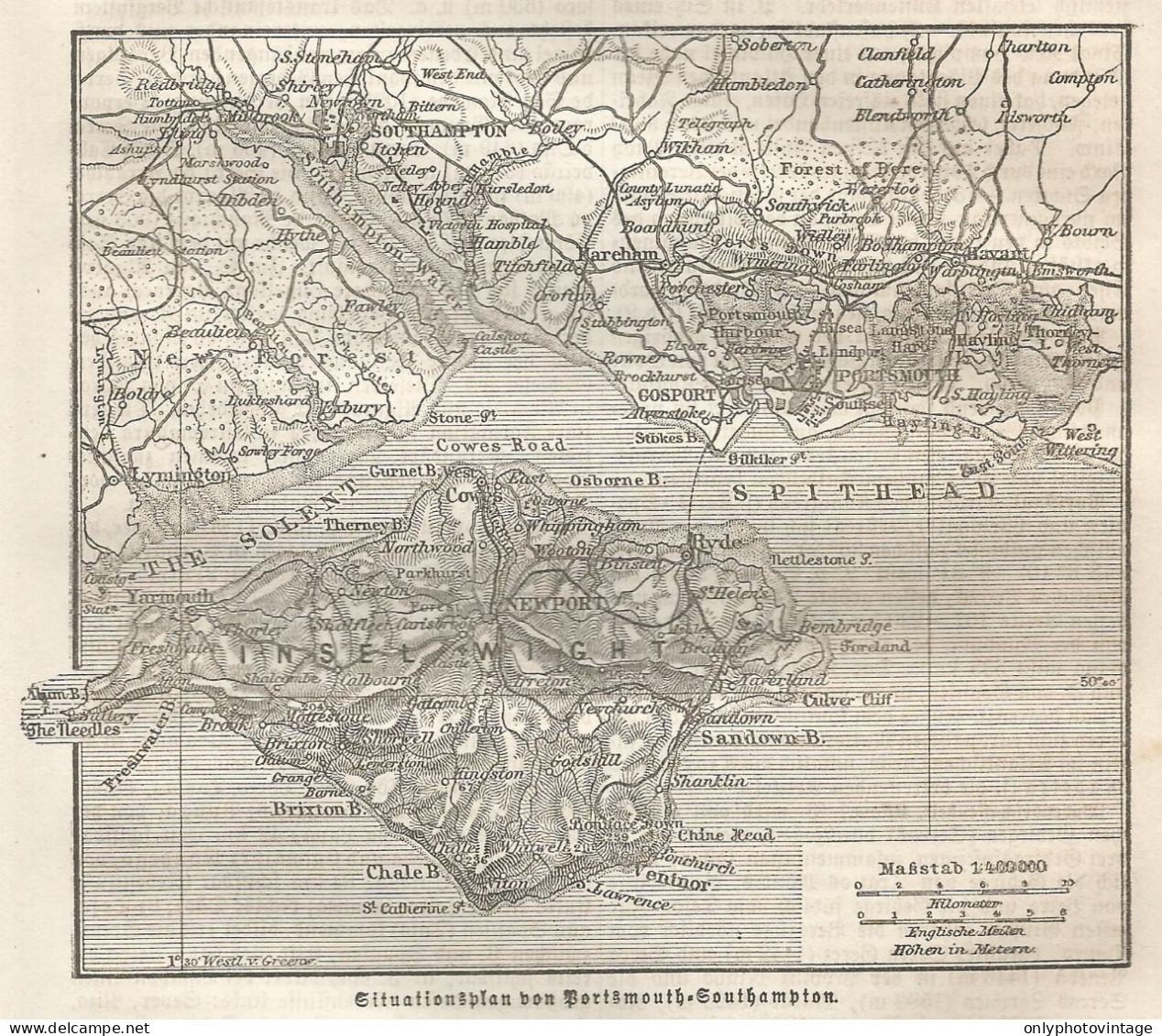 1890 United Kingdom, Portsmouth, Southampton, Carta Geografica Antica, Old Map, Carte Géographique Ancienne - Landkarten