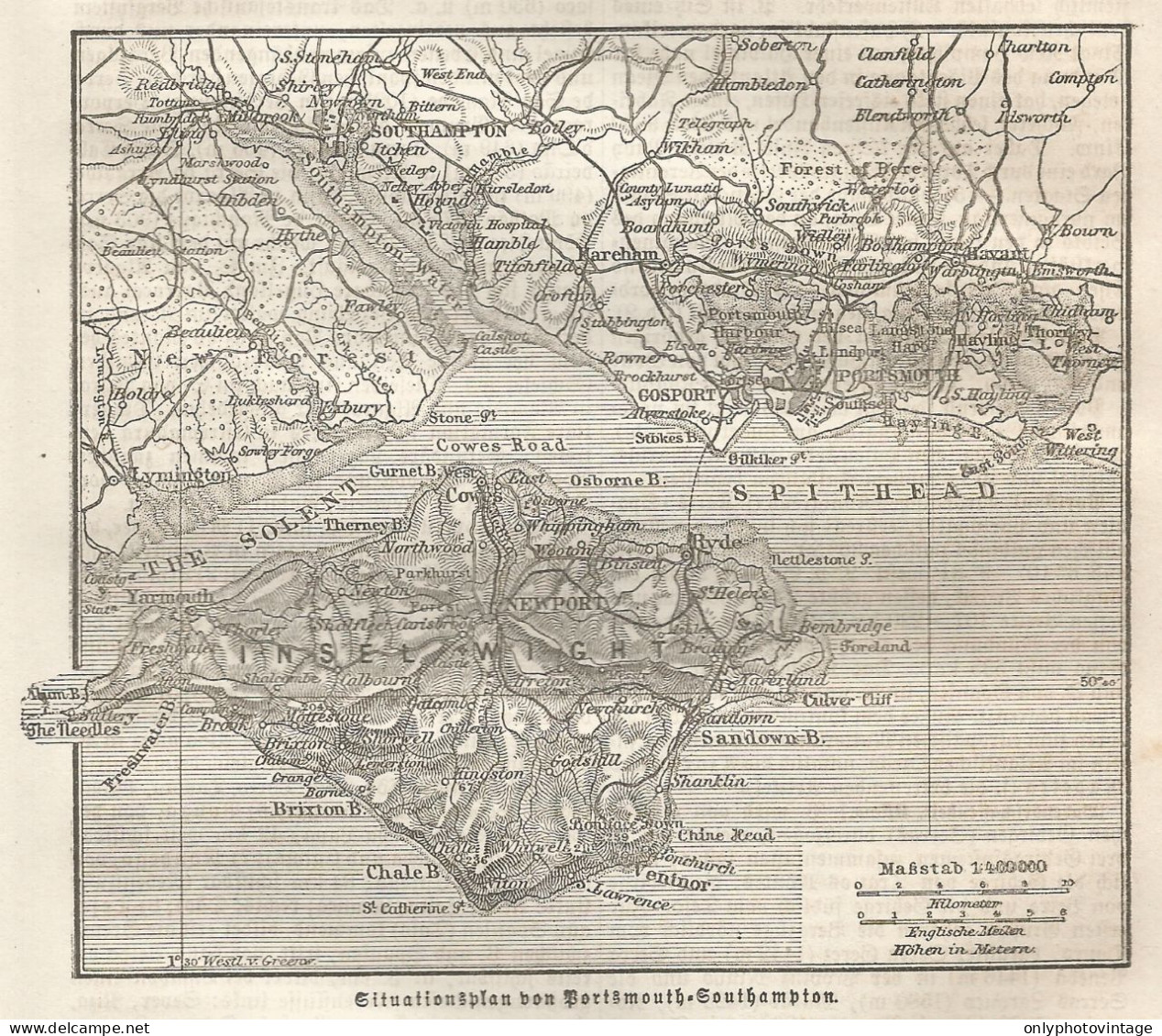 1890 United Kingdom, Portsmouth, Southampton, Carta Geografica Antica, Old Map, Carte Géographique Ancienne - Carte Geographique