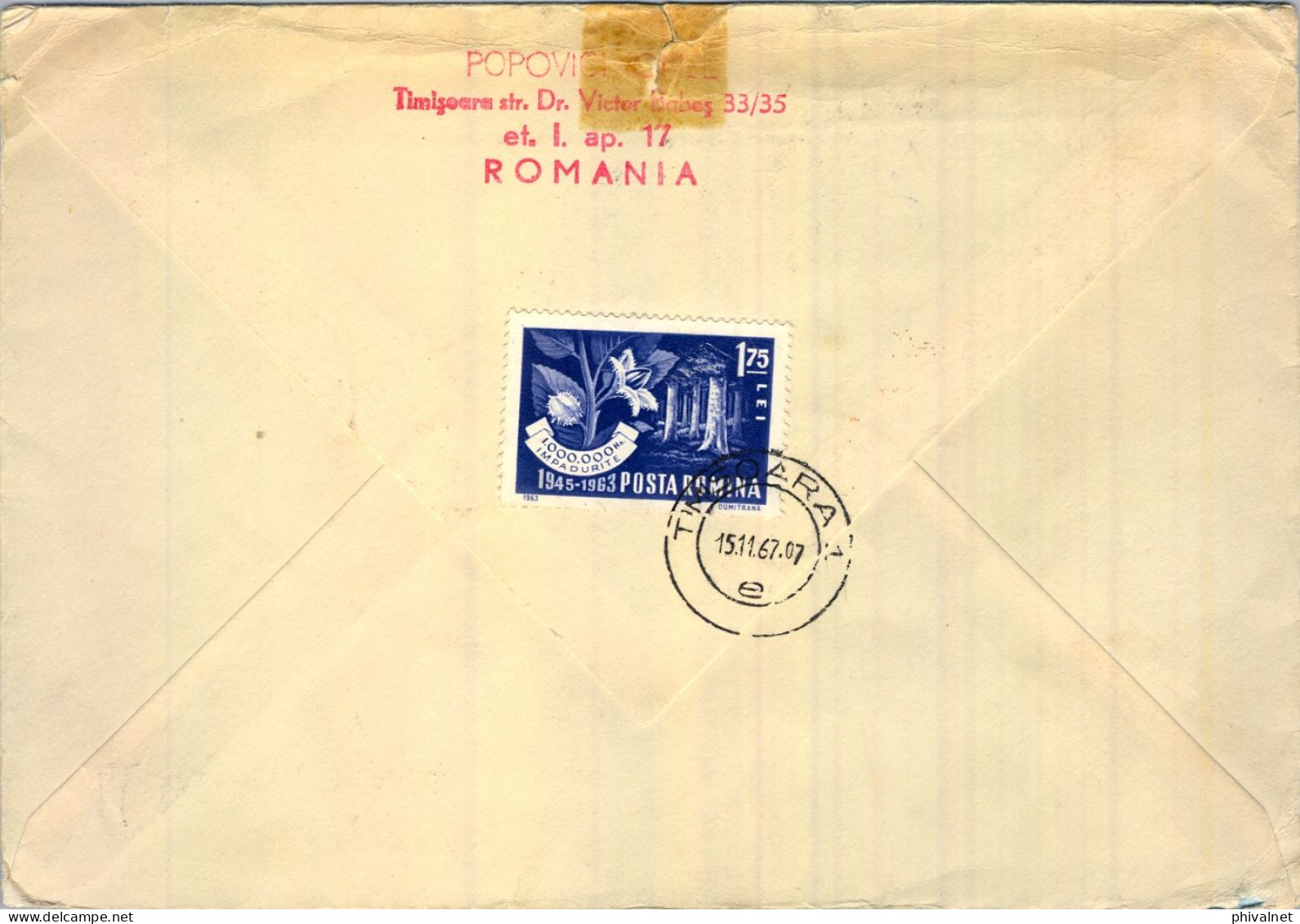 1967 RUMANIA , TIMISOARA , EXPOZITIA FILATELIA TURISMUL , POR AVION , MAT. ESPECIAL , SOBRE CIRCULADO - Storia Postale