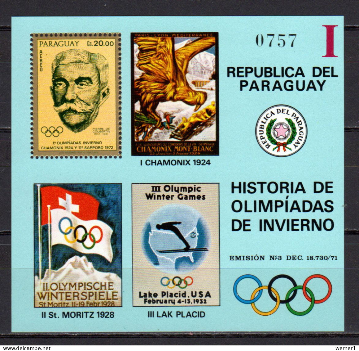Paraguay 1972 Olympic Winter Games S/s "I" MNH - Inverno1972: Sapporo