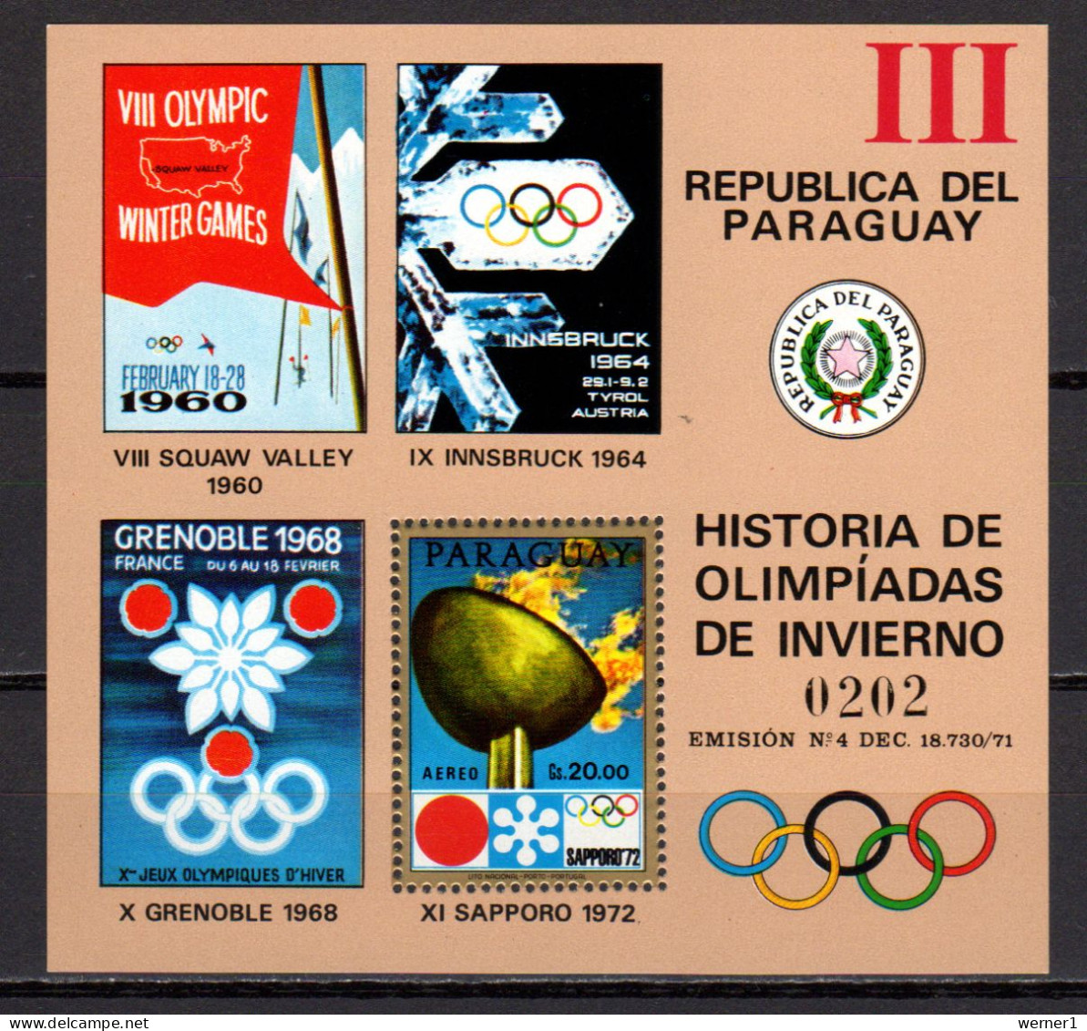 Paraguay 1972 Olympic Winter Games Sapporo S/s "III" MNH - Hiver 1972: Sapporo