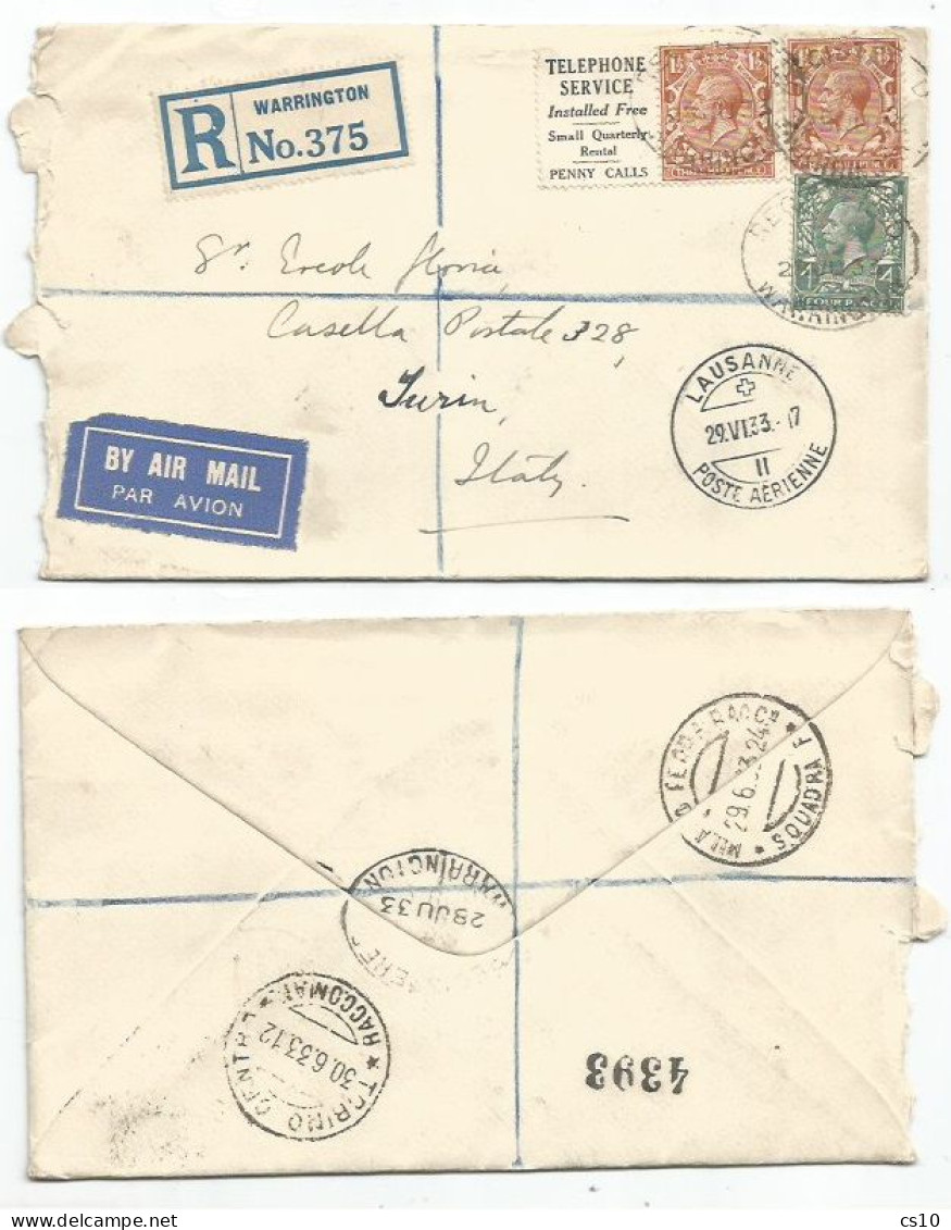 UK Britain Regi.AirmailCV Warrington 28jun1933 X Italy Via Suisse With BKLT ADV Tab Label Telephone Service Penny Calls - Marcofilia