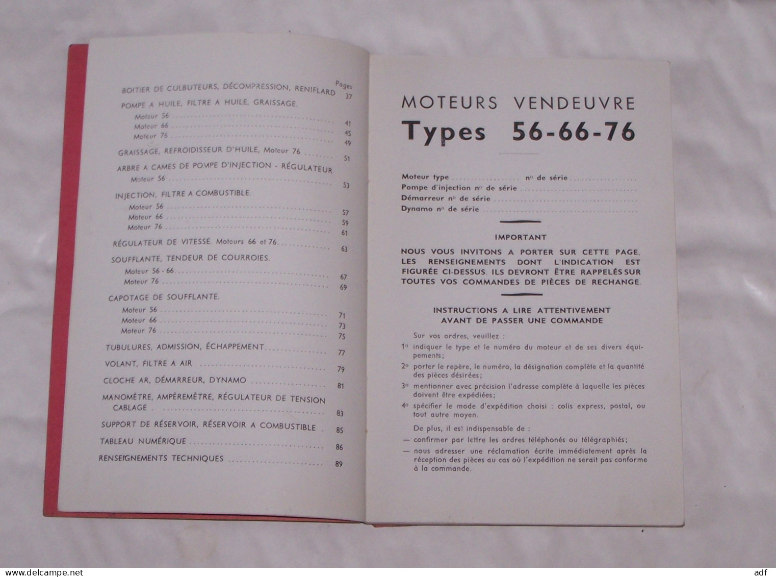 CATALOGUE DE PIECES DE RECHANGE MOTEURS VENDEUVRE TYPES 56 - 66 - 76 - Tractores