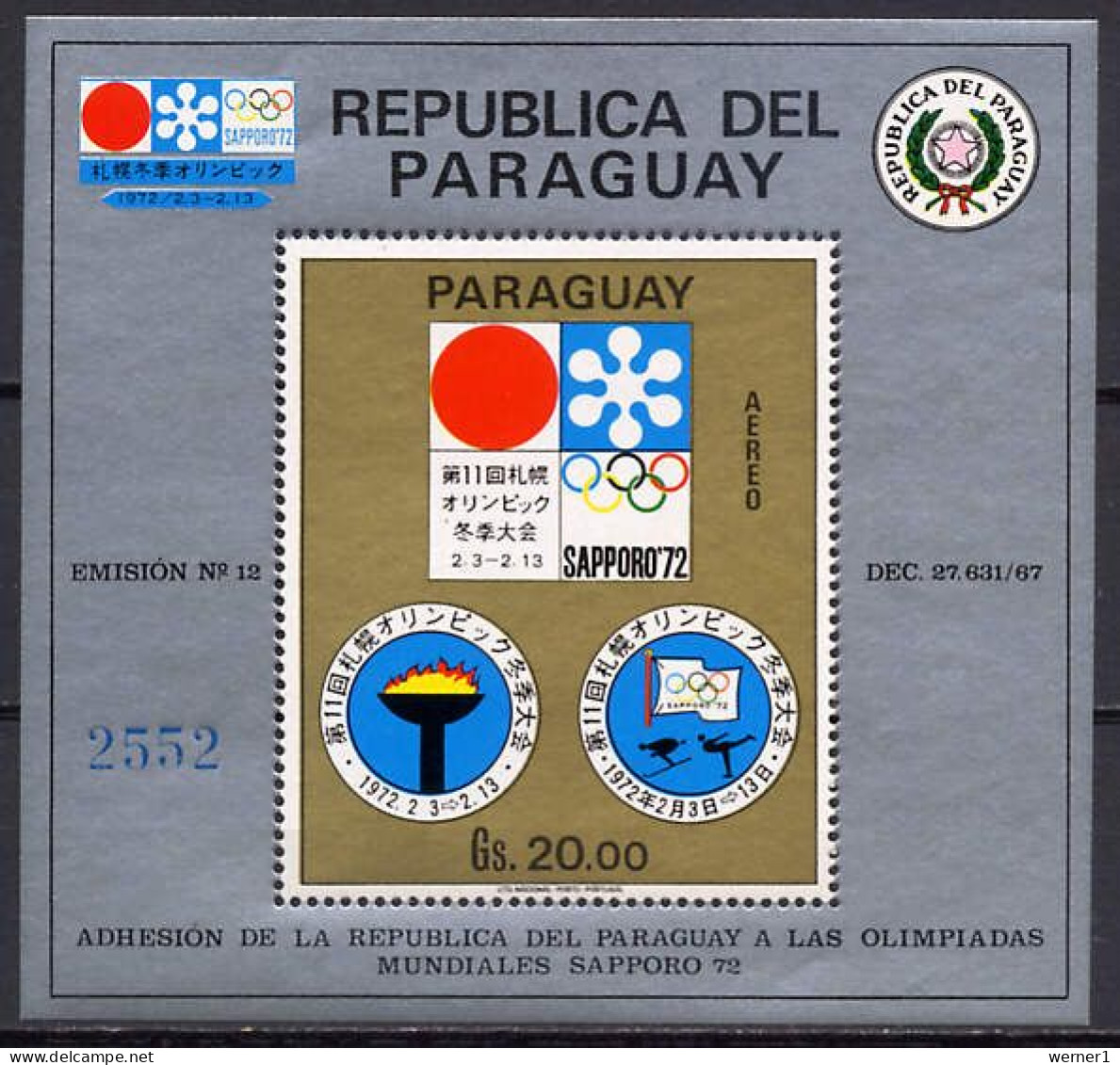 Paraguay 1971 Olympic Games Sapporo S/s MNH - Inverno1972: Sapporo