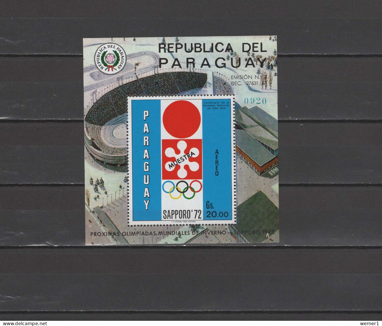 Paraguay 1970 Olympic Games Sapporo S/s With "Muestra" Overprint MNH - Winter 1972: Sapporo