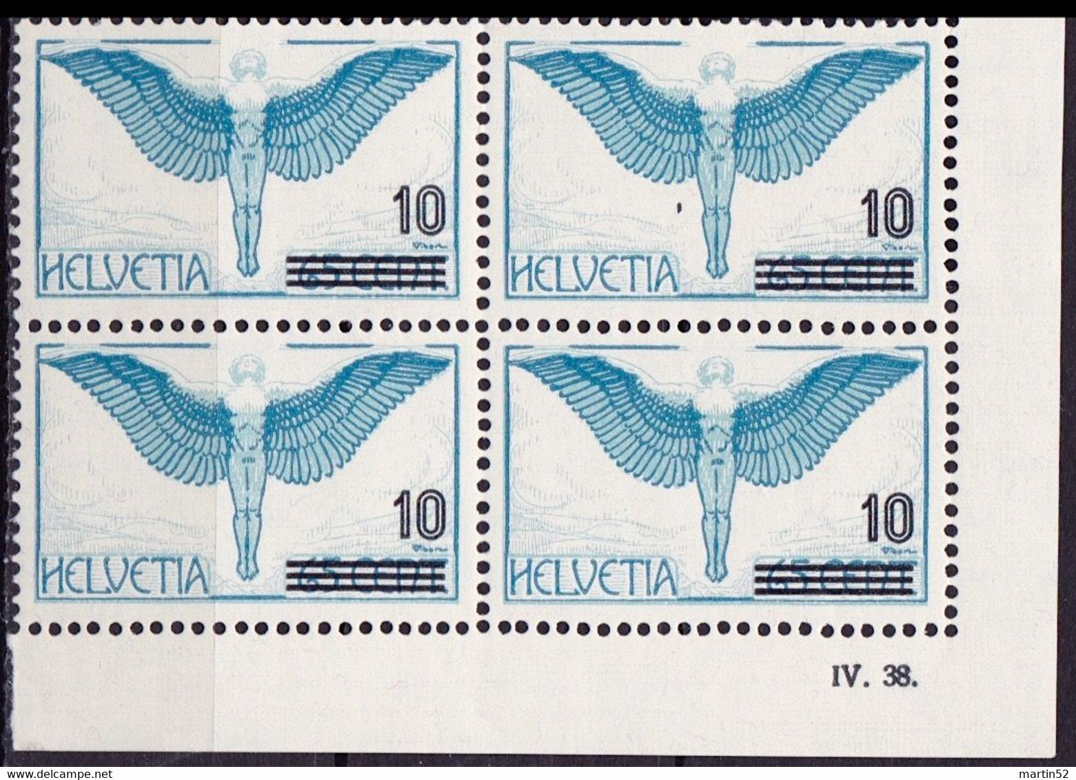 Schweiz Suisse 1938: Zu F 22.2.09 Mi 320 ABART PUNKT Yv PA22 VARIÉTÉ Block-Ecke IV.38. Coin Daté ** MNH (Zu CHF 11.50) - Varietà