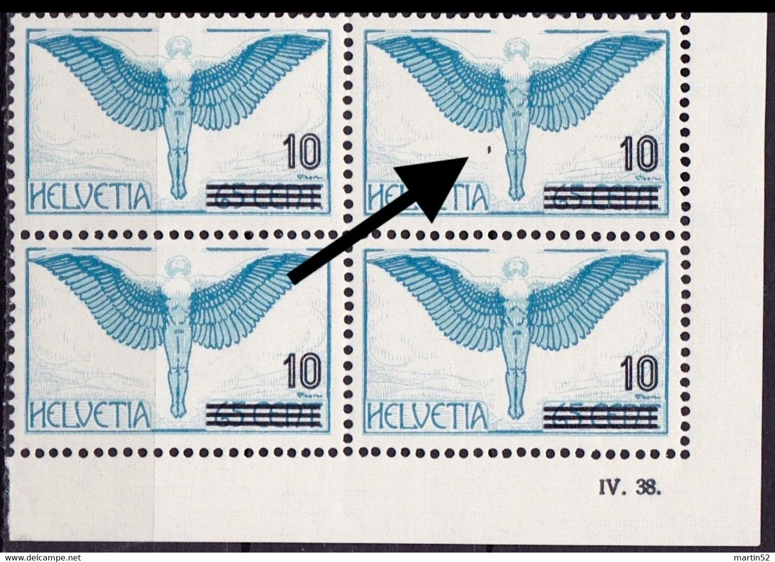 Schweiz Suisse 1938: Zu F 22.2.09 Mi 320 ABART PUNKT Yv PA22 VARIÉTÉ Block-Ecke IV.38. Coin Daté ** MNH (Zu CHF 11.50) - Errors & Oddities