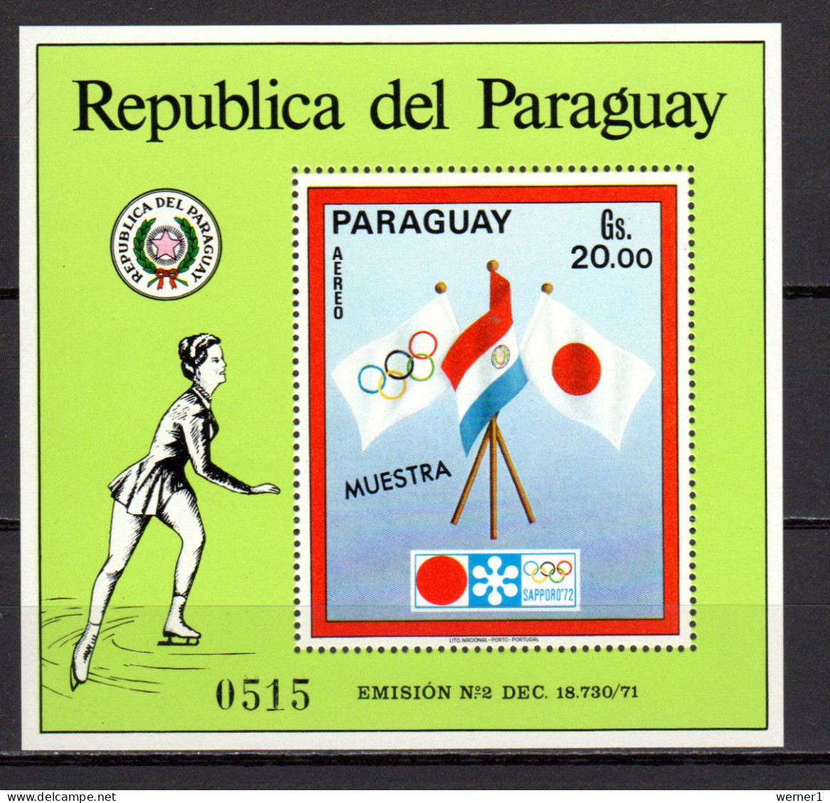 Paraguay 1971 Olympic Games Sapporo S/s With "Muestra" Overprint MNH - Winter 1972: Sapporo