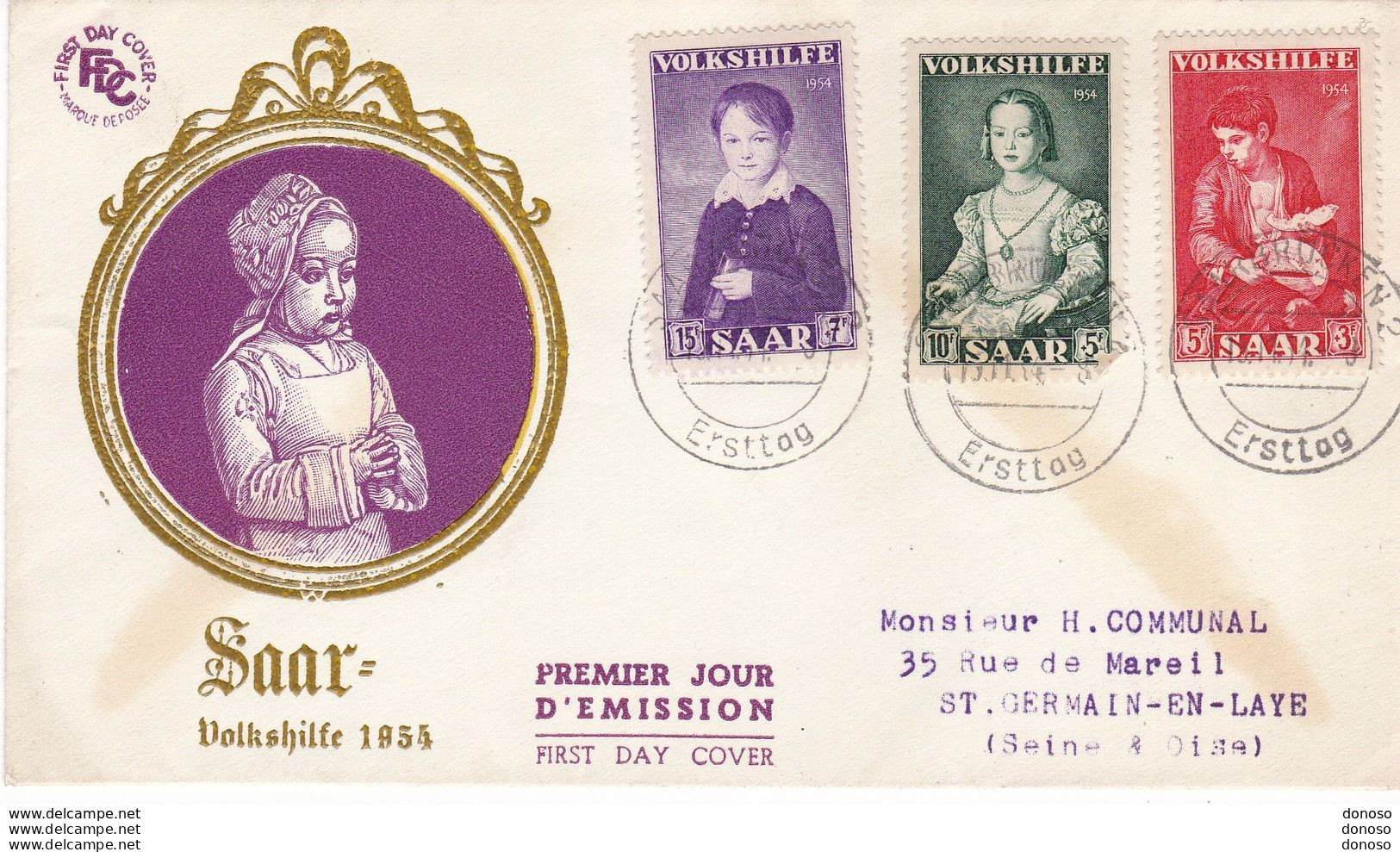 SARRE 1954 FDC PEINTURES D'ENFANTS Yvert 334-336 - FDC