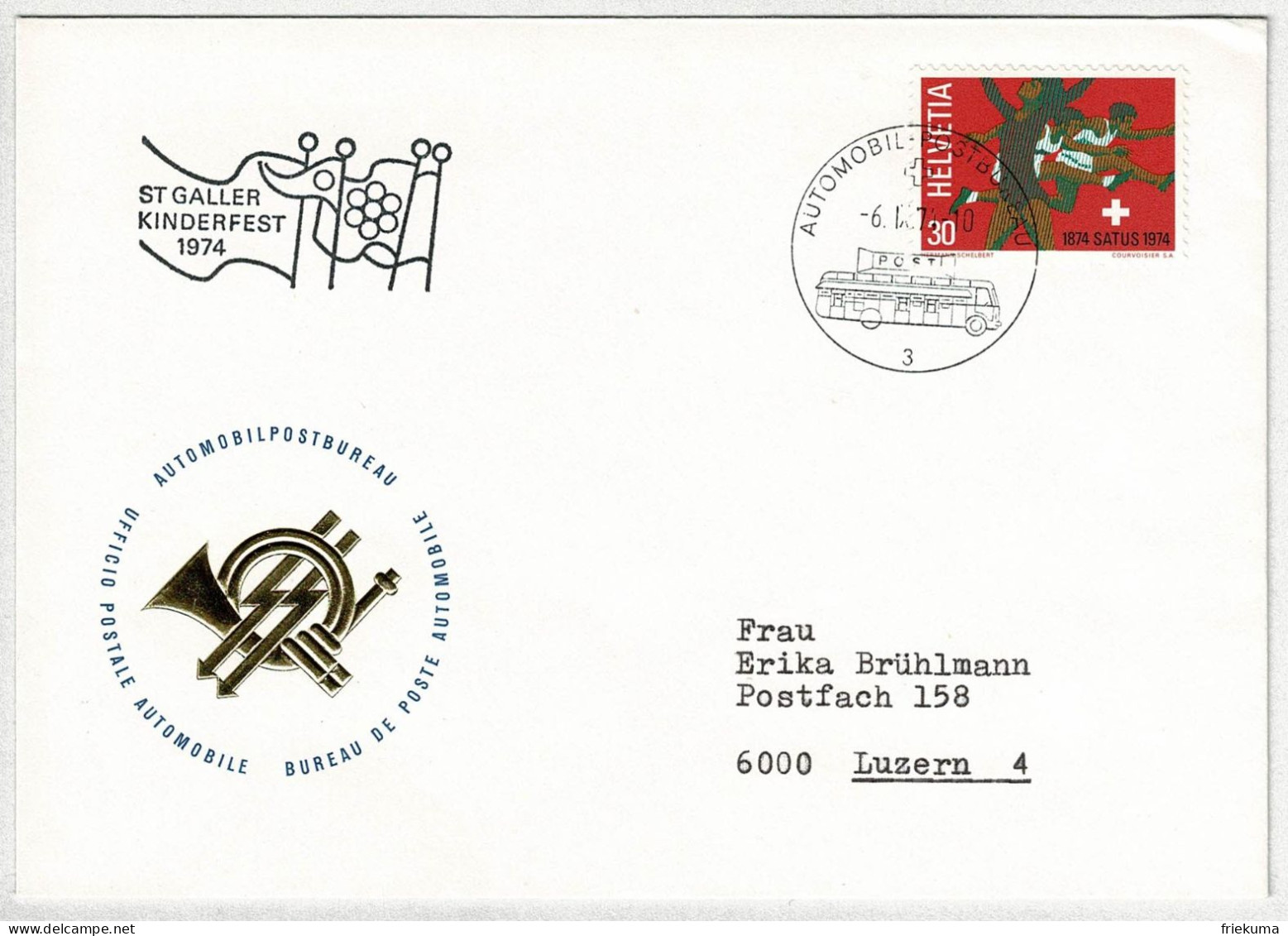Schweiz / Helvetia 1974, Brief Automobil-Postbureau Kinderfest St. Gallen - Luzern - Other & Unclassified