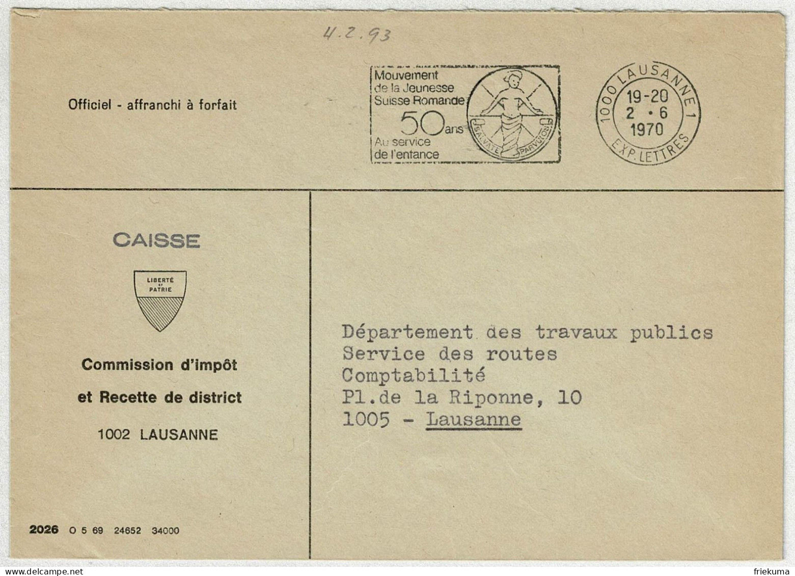 Schweiz / Helvetia 1970. Dienstbrief / Officiel Lausanne, Mouvement De La Jeunesse Suisse Romande - Otros & Sin Clasificación
