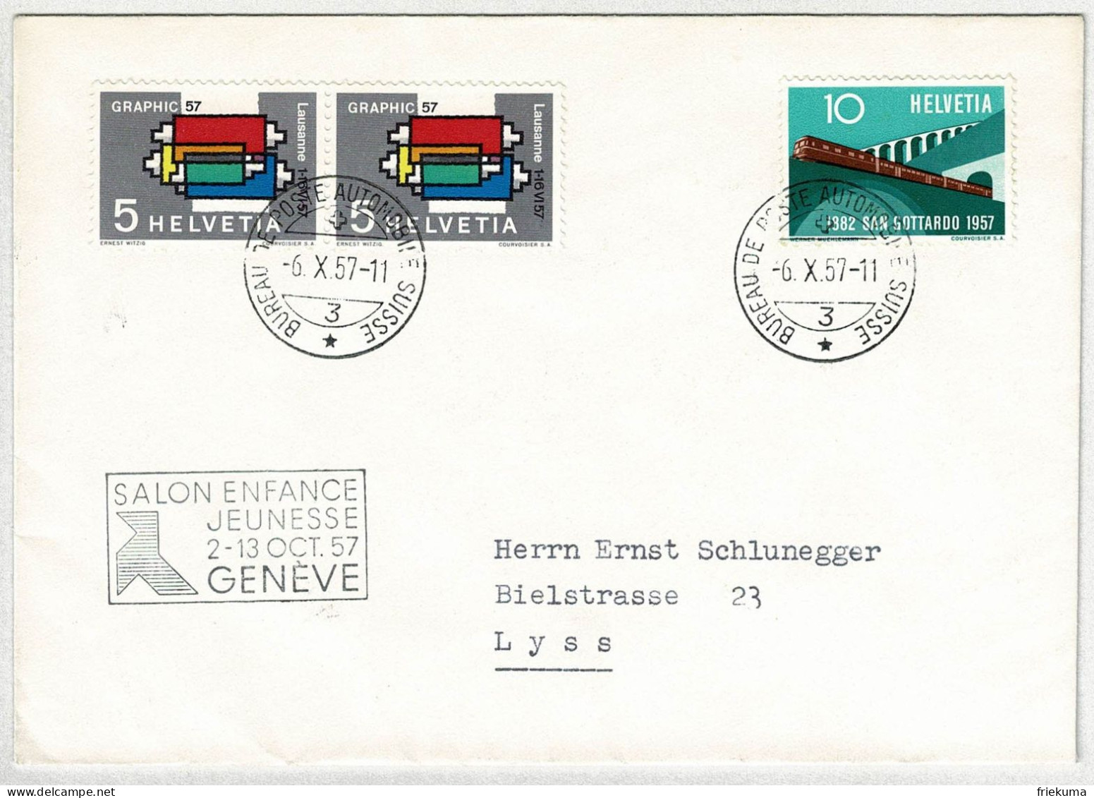 Schweiz / Helvetia 1957, Brief Automobil-Postbureau Salon Enfance Jeunesse Genève - Lyss - Otros & Sin Clasificación