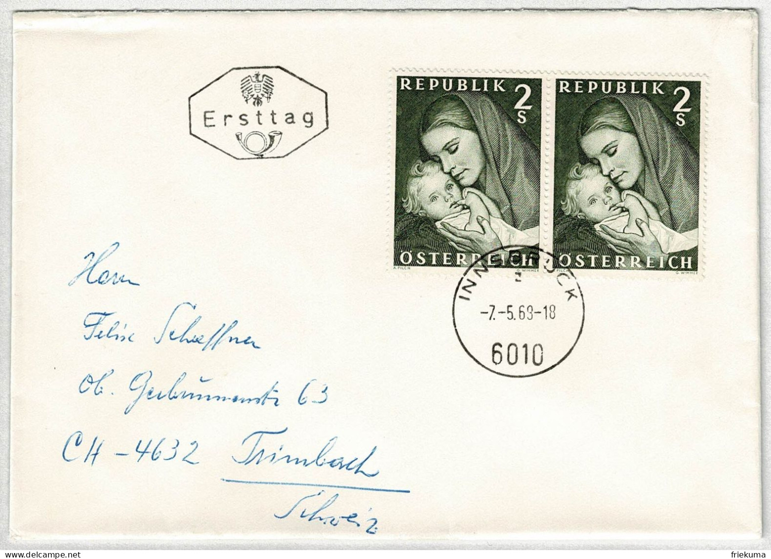 Oesterreich / Austria 1968, Brief Ersttag Innsbruck - Trimbach (Schweiz), Mutter Und Kind / Mother And Child - Otros & Sin Clasificación