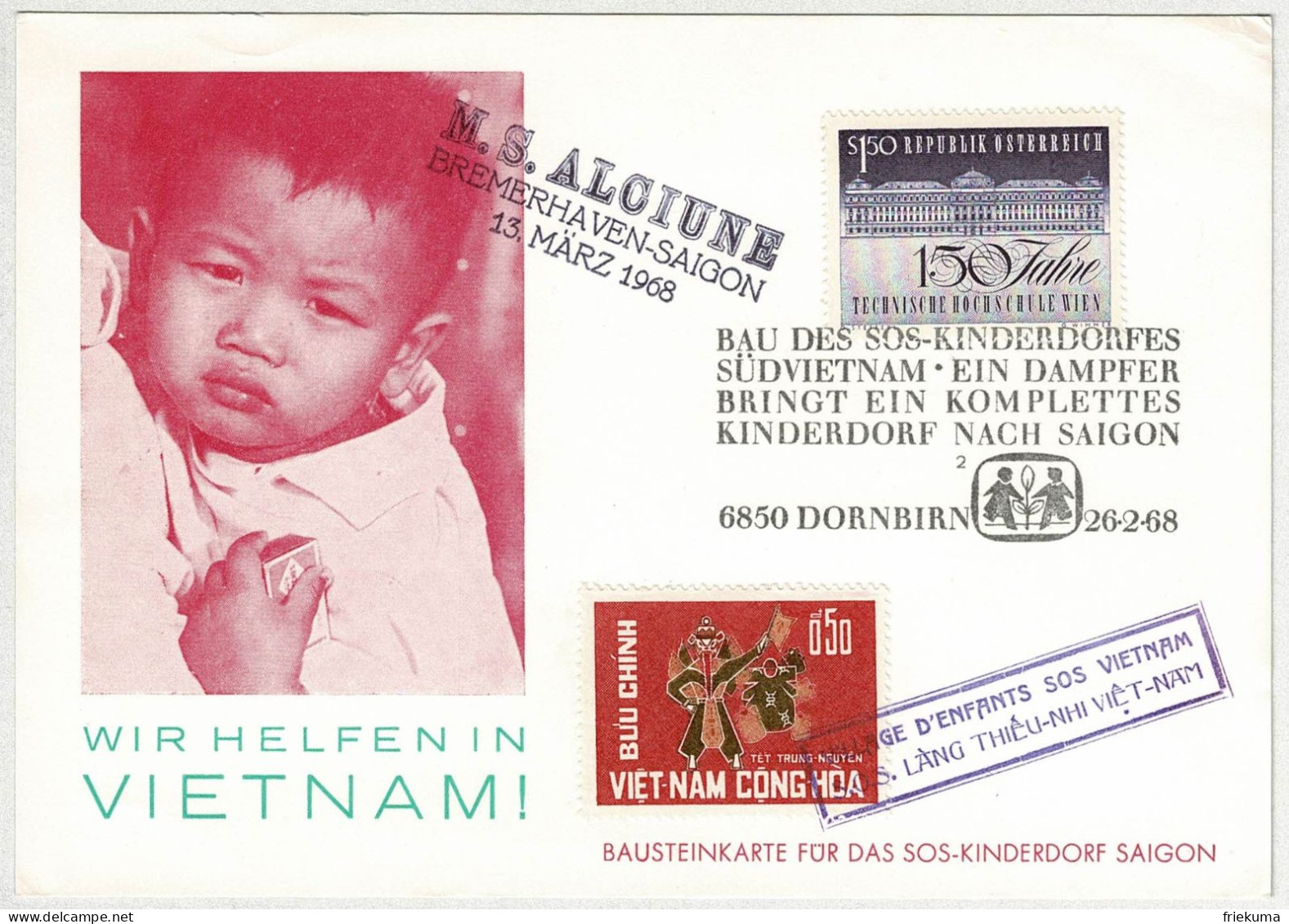 Oesterreich / Austria 1968, Bausteinkarte SOS-Kinderdorf Saigon Vietnam Dornbirn. M.S. Alciune - Otros & Sin Clasificación