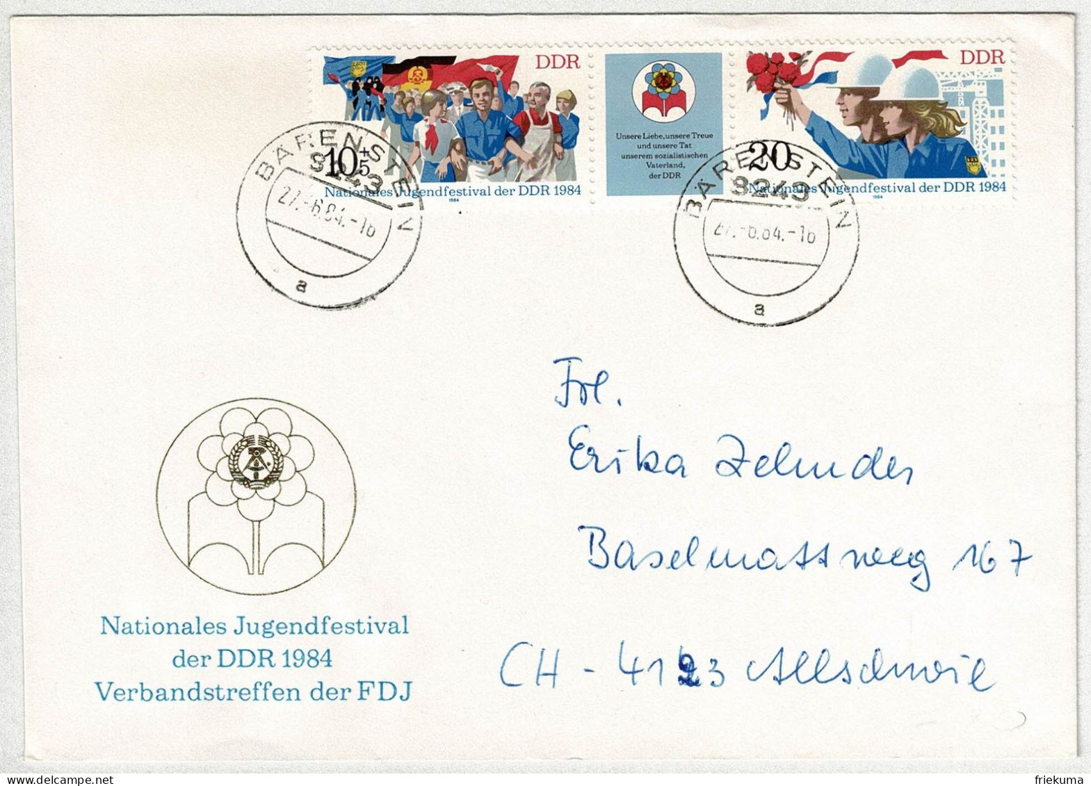 DDR 1984, Brief Bärenstein - Allschwil (Schweiz), Jugendfestival FDJ - Andere & Zonder Classificatie