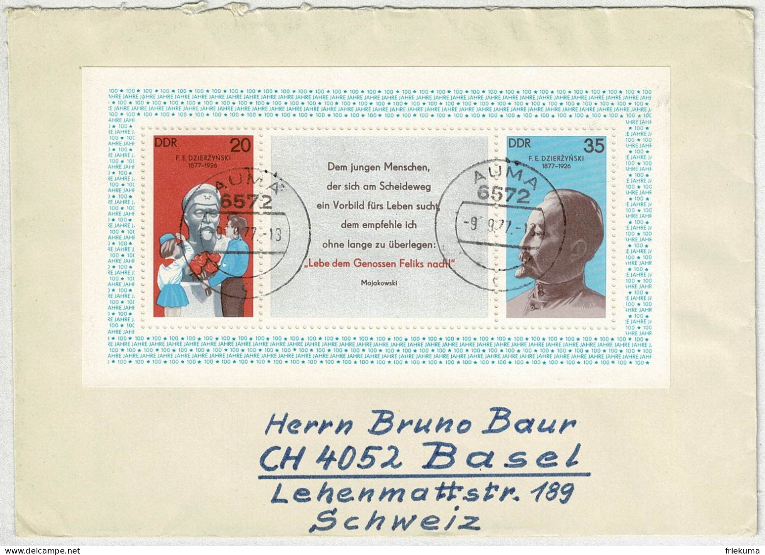 DDR 1977, Brief Auma - Basel (Schweiz), Dzierzynski, Revolutionär, Pioniere, Jugend, Vorbild - Andere & Zonder Classificatie