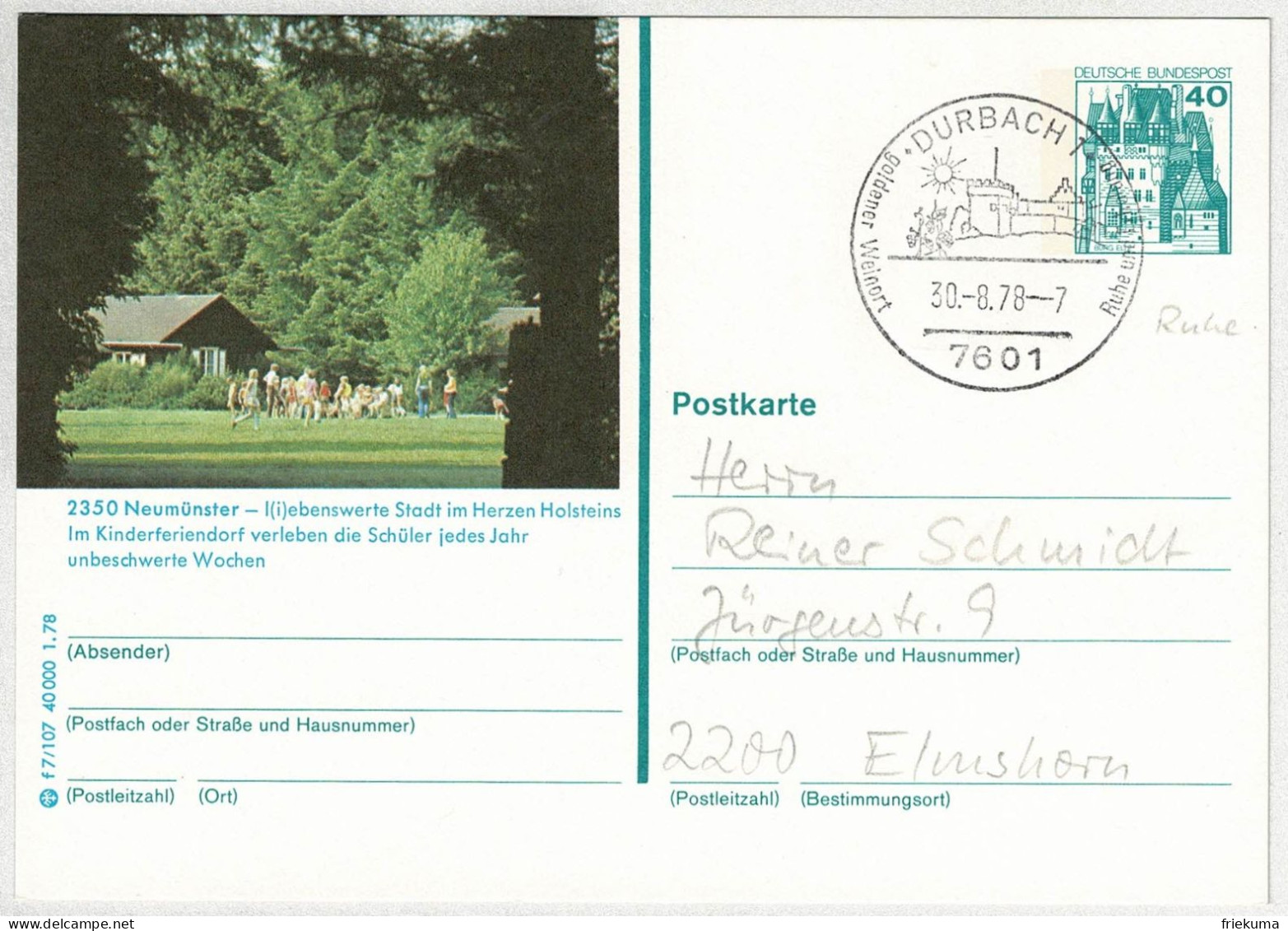 Deutsche Bundespost 1978, Bildpostkarte Kinderferiendorf Neumünster Durbach - Elmshorn - Sonstige & Ohne Zuordnung