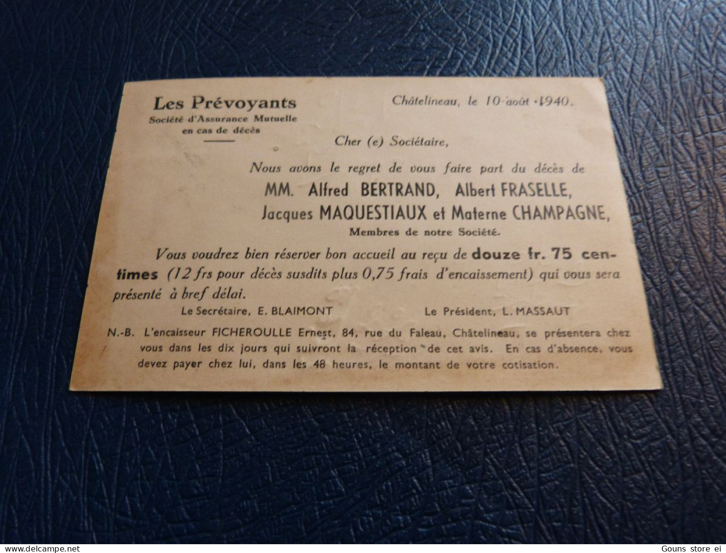 BC29-5 Cpa Châtelet Châtelineau Société D'assurance  Les Prévoyants 1940 - Chatelet
