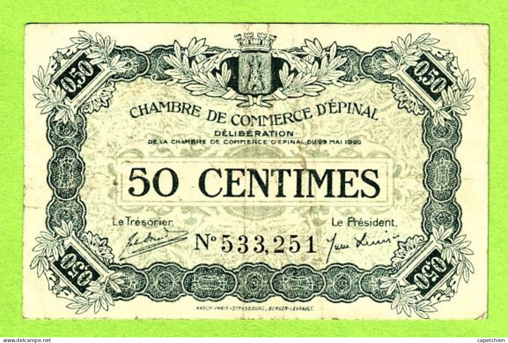 FRANCE / CHAMBRE De COMMERCE D'EPINAL / 50 CENTIMES / 29 MAI 1920  / N° 533251 - Cámara De Comercio