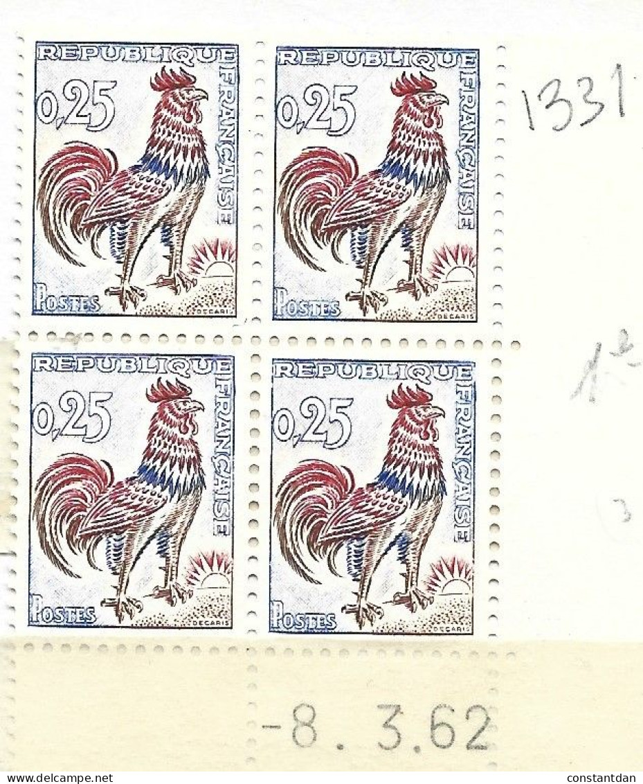 FRANCE N°1331 0.30 ROUGE ET BLEU TYPE COQ COIN DATE 8.3.1962 NEUF SANS CHARNIERE - 1960-1969