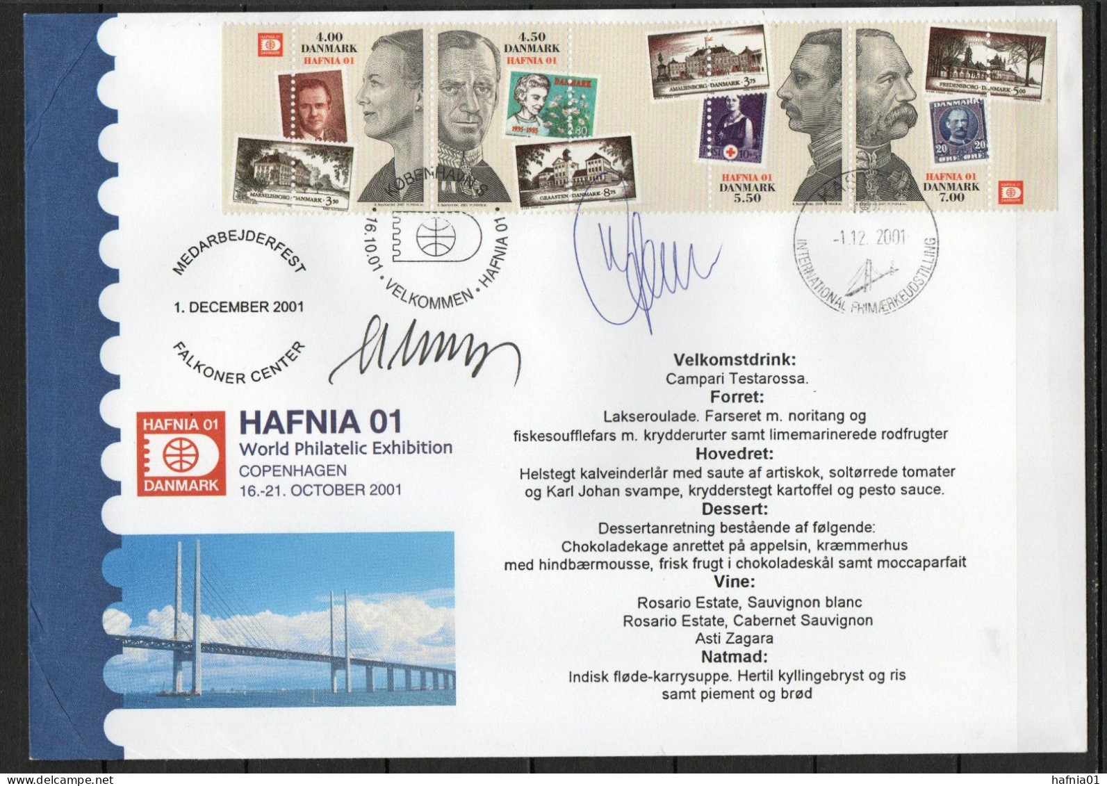 Martin Mörck. Denmark 2001. Int. Stamp Exhibition HAFNIA'01. Employee Party. Menu. Michel 1287-1290, 4-strip. Signed. - Altri & Non Classificati