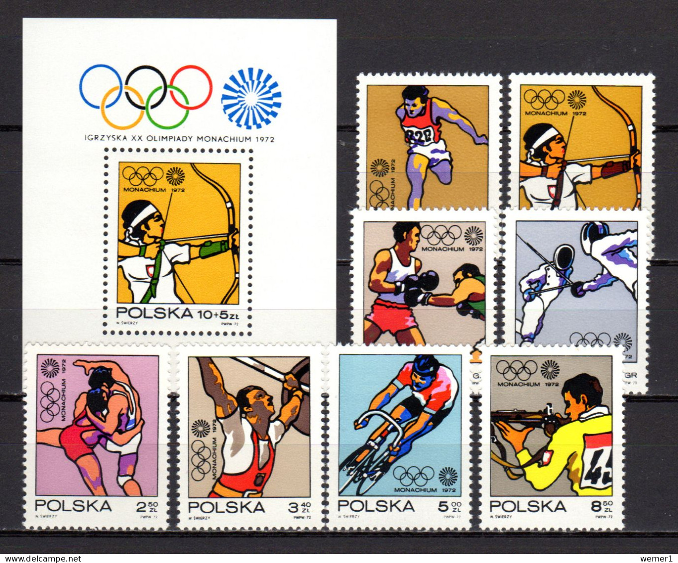 Poland 1972 Olympic Games Munich, Archery, Fencing, Boxing, Cycling Etc. Set Of 8 + S/s MNH - Summer 1972: Munich