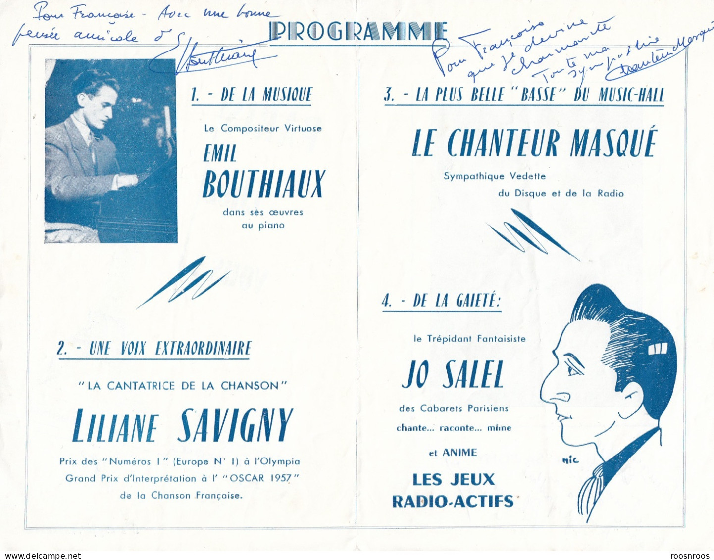 PROGRAMME PUBLICITAIRE -VARIETES PARISIENNES - AUTOGRAPHES LILIANE SAVIGNY - EMILE BOUTHIAUX - CHANTEUR MASQUE - 50'-60' - Cantanti E Musicisti