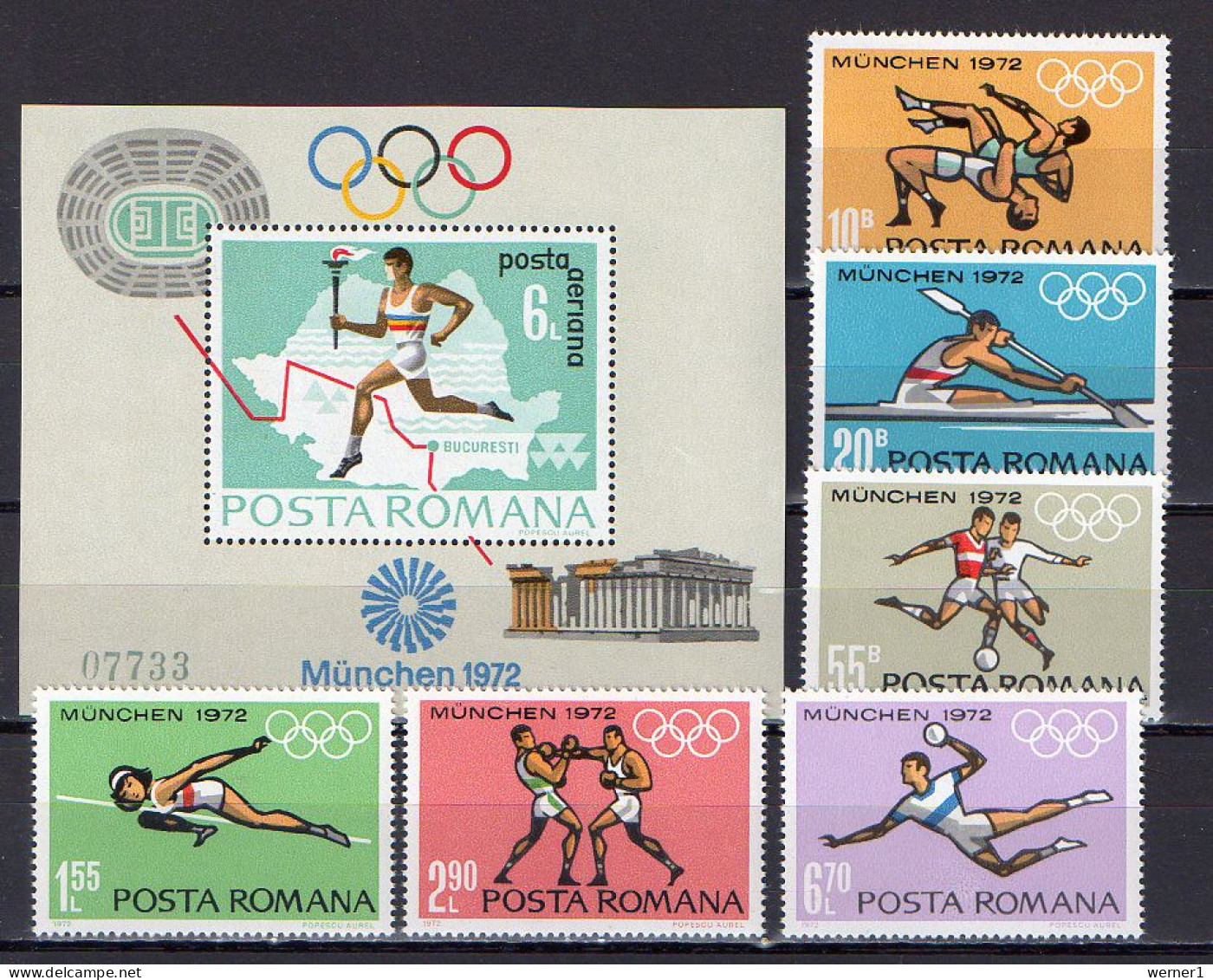 Romania 1972 Olympic Games Munich, Wrestling, Rowing, Football Soccer, Handball Etc. Set Of 6 + S/s MNH - Summer 1972: Munich