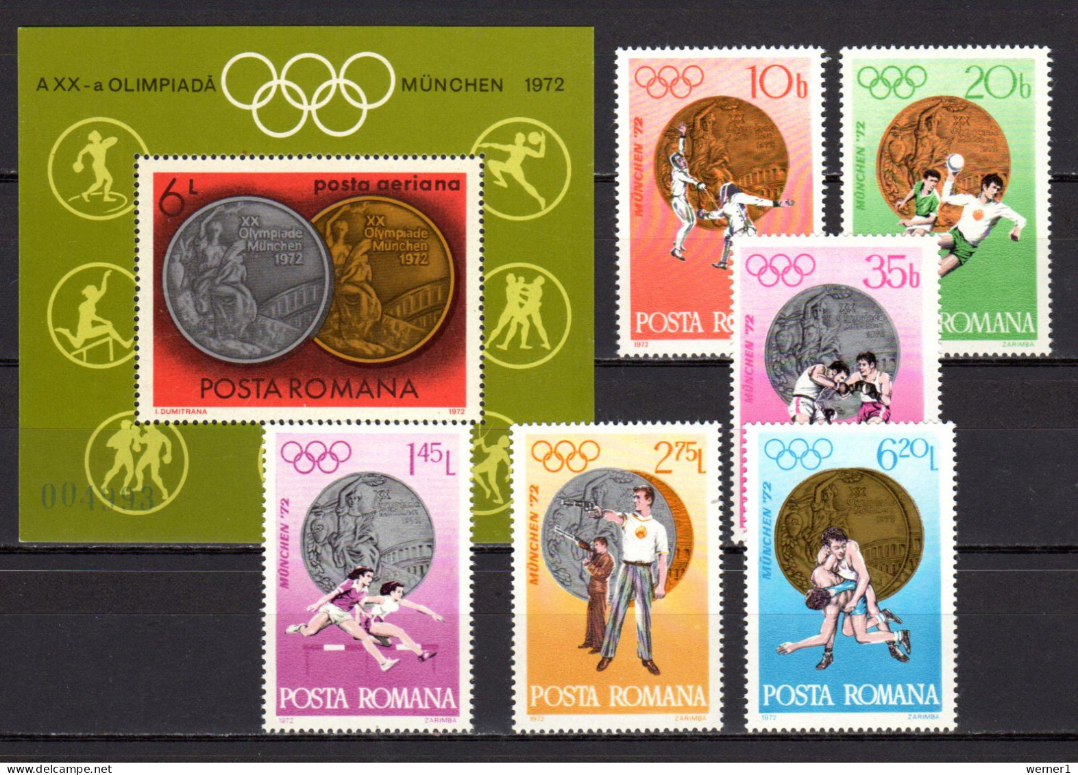 Romania 1972 Olympic Games Munich, Fencing, Handball, Boxing, Wrestling Etc. Set Of 6 + S/s MNH - Verano 1972: Munich