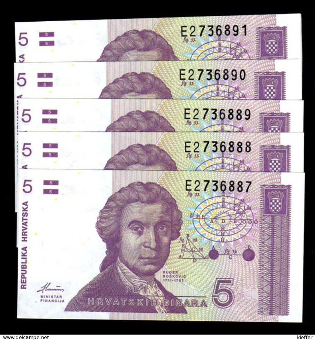 CROATIE - LOT 5 Billets De 5 Dinars - 1991 - P 17a - NEUFS - Croatia