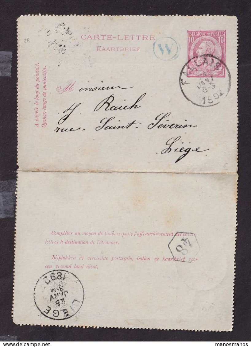 DDFF 849 --  Entier Carte-Lettre Type TP 46 FALLAIS 1892 Vers LIEGE - Boite Rurale W En Bleu De WARNANT-DREYE - Landpost (Ruralpost)