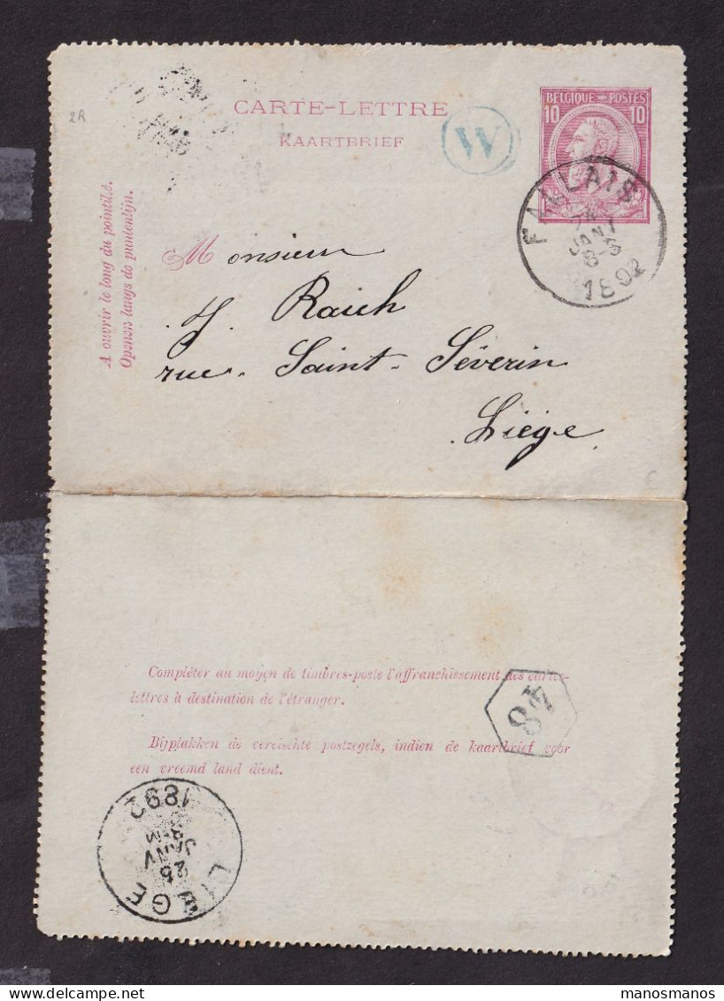 DDFF 849 --  Entier Carte-Lettre Type TP 46 FALLAIS 1892 Vers LIEGE - Boite Rurale W En Bleu De WARNANT-DREYE - Posta Rurale