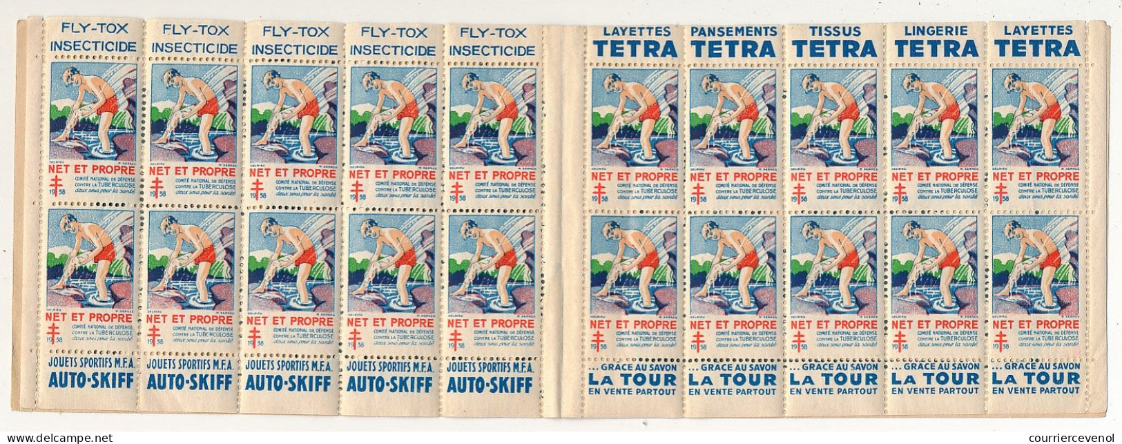 Carnet Anti-tuberculeux 1938 - 12ème Campagne - 2 Fr - 20 Timbres à 10c  - Pubs Heudebert, Fly-Tox, Auto-skiff, Tetra... - Blocs & Carnets