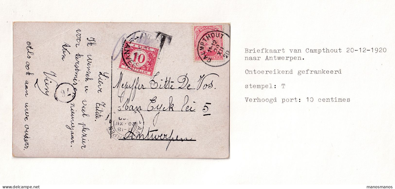 DDFF 852 --  Carte Fantaisie TP Albert CALMPTHOUT 1920 Vers ANTWERPEN - Taxée 10 C - Cartas & Documentos