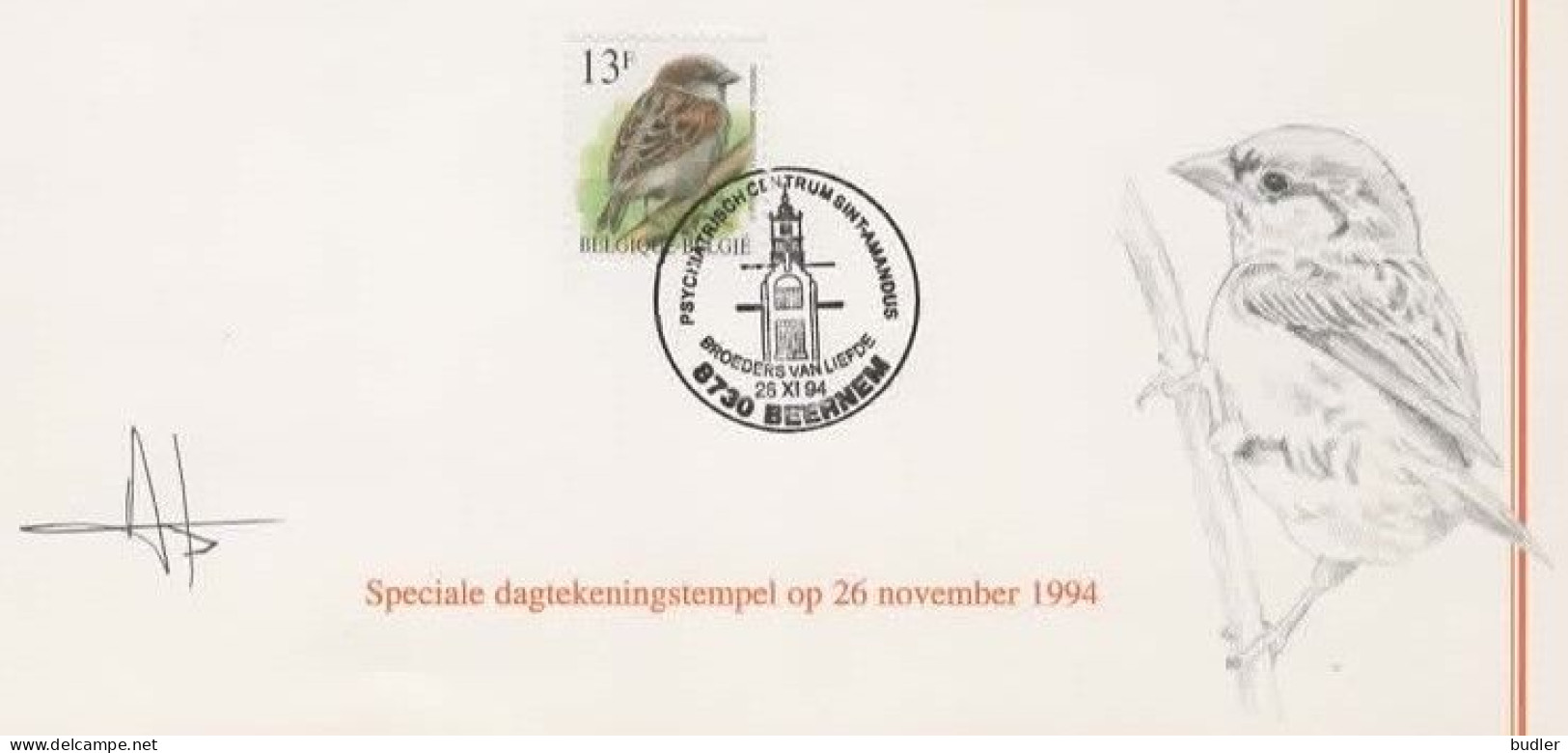 België :1994: ANDRÉ BUZIN : OBP.2533 (3/1/1994) : « De Huismus »  Herinneringsblad Van De Kunst- En Filatelistische .... - 1985-.. Uccelli (Buzin)