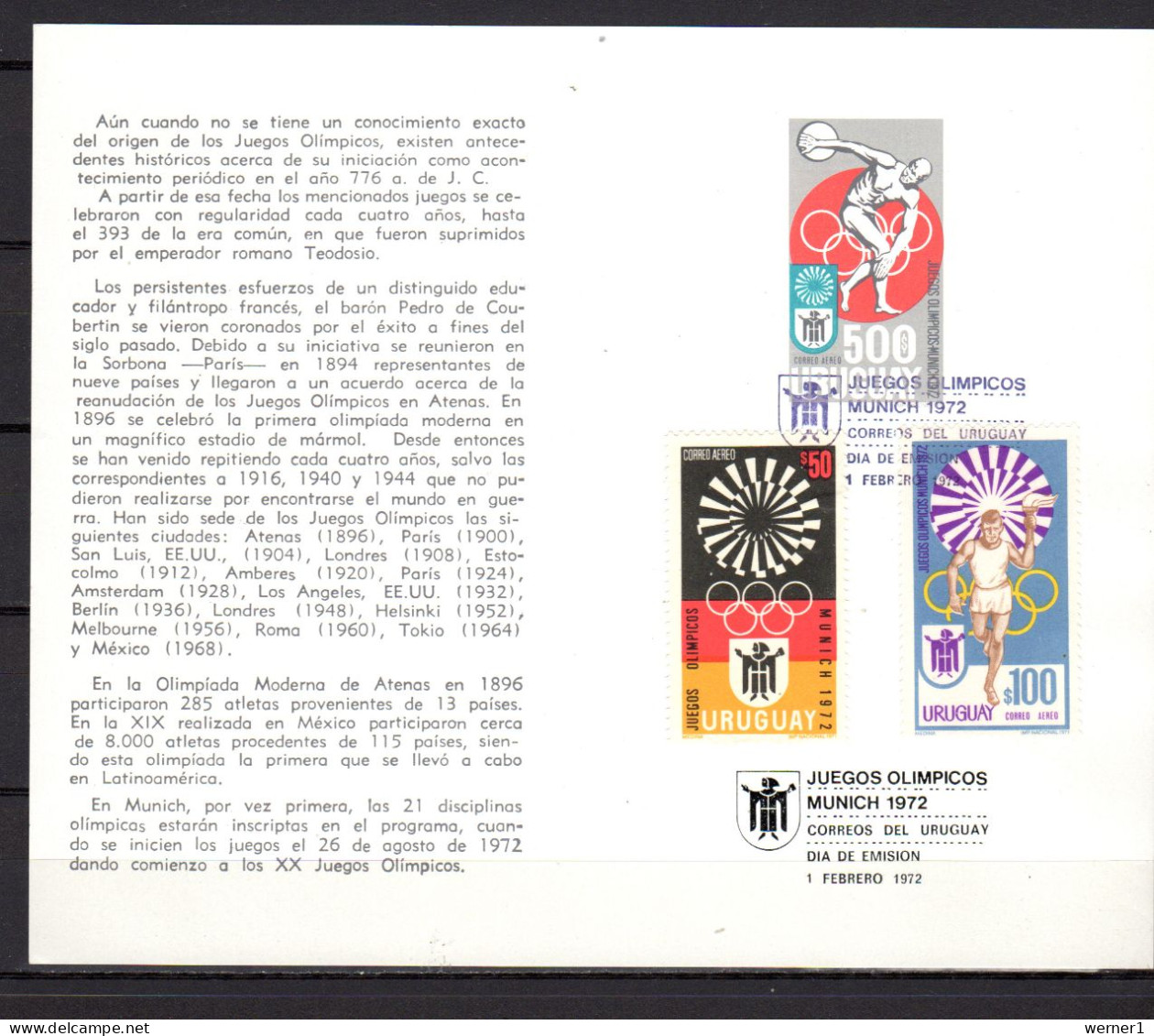 Uruguay 1972 Olympic Games Munich, Commemorative Print - Verano 1972: Munich