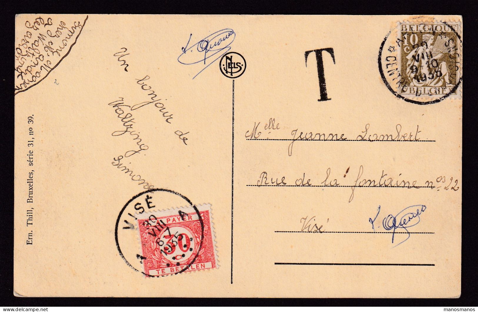 DDFF 853 --  Carte-Vue TP Cérès ARLON 1935 Vers VISE - Taxée 30 C - Covers & Documents