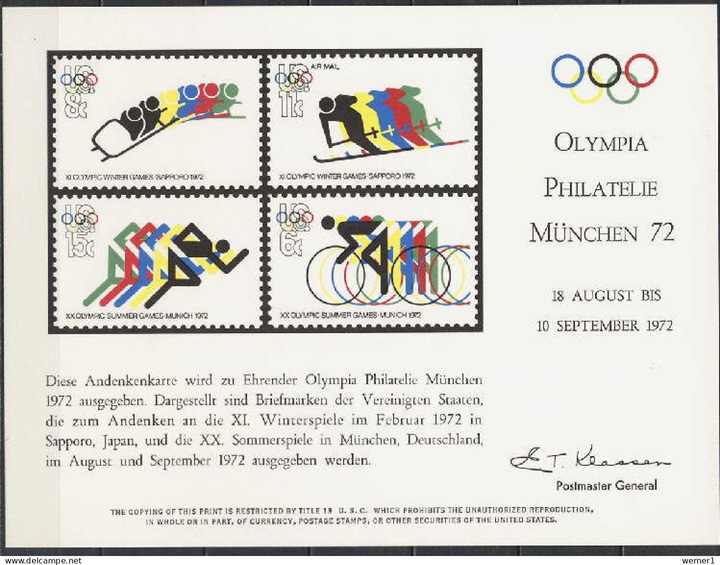 USA 1972 Olympic Games Munich / Sapporo, Cycling Etc. Commemorative Print - Summer 1972: Munich