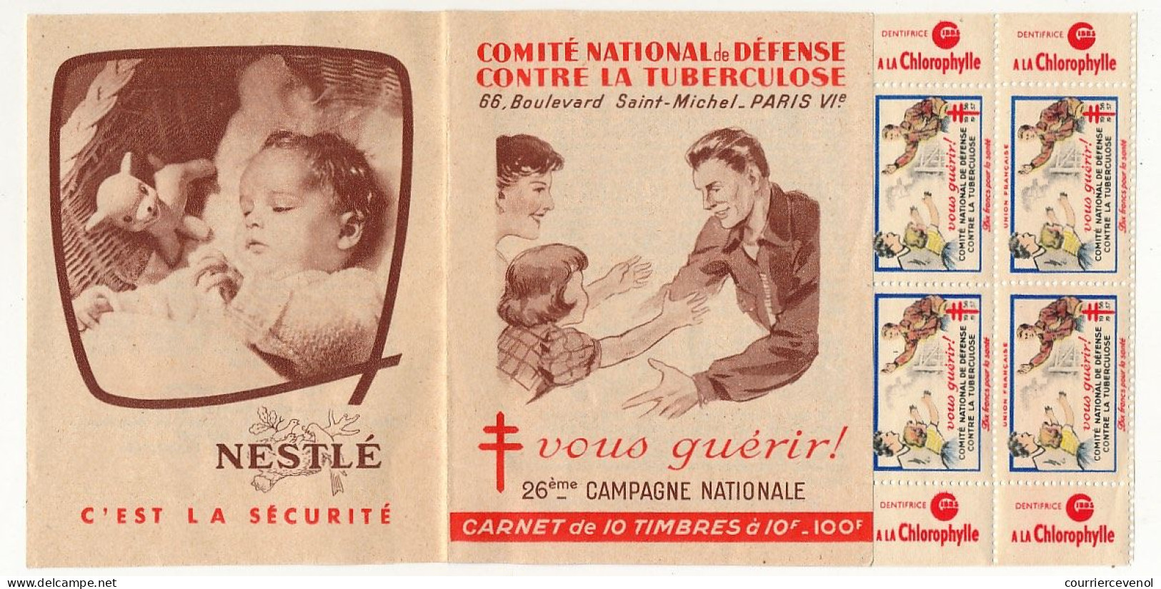 Carnet Anti-tuberculeux 1956 - 26ème Campagne - 100f - 10 Timbres à 10f  - Pubs Nestlé Et Dentifrice Gibbs - Blocks & Sheetlets & Booklets