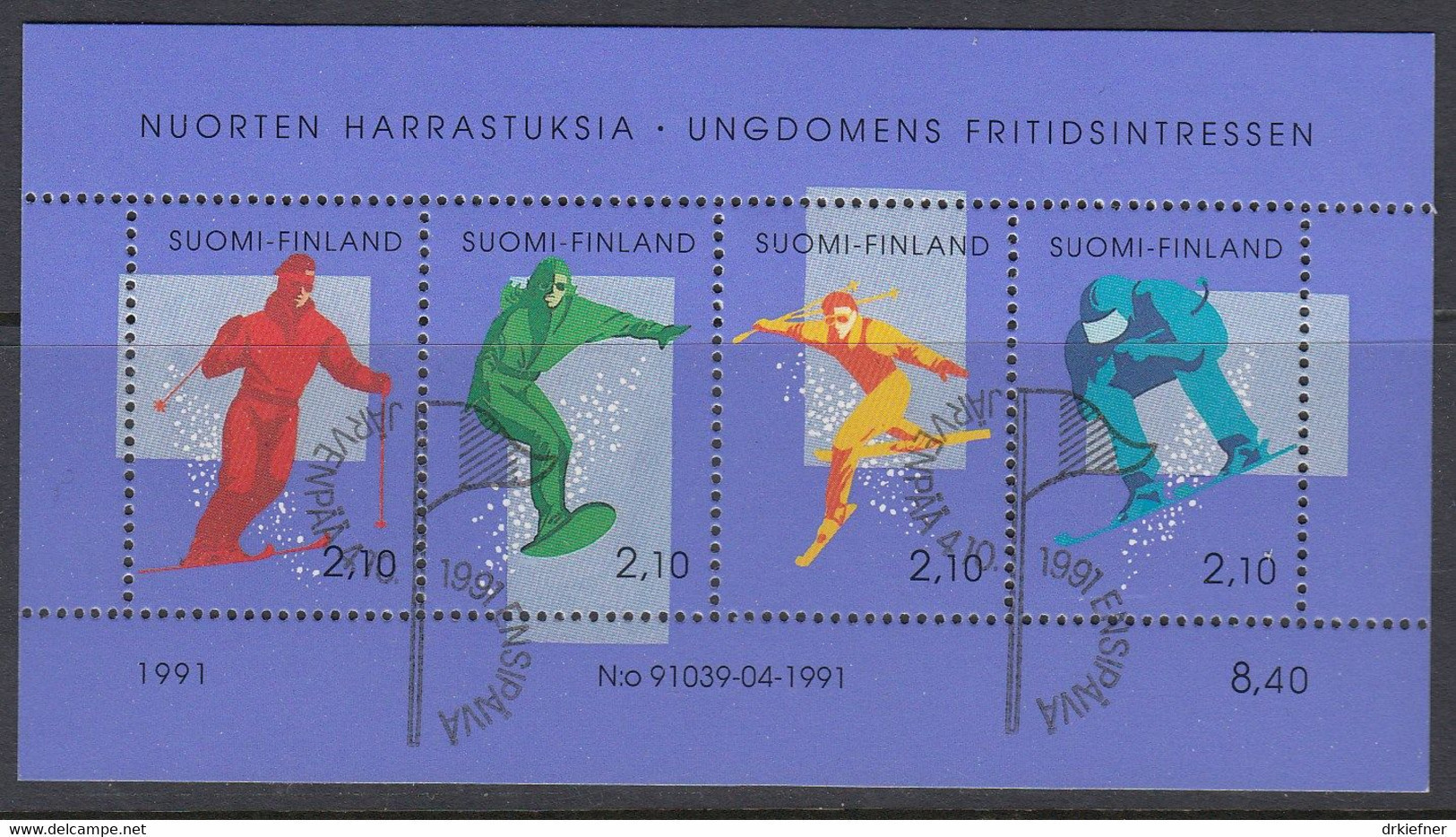 FINNLAND  Block 8, Gestempelt, Jugendhobbys - Alpinskifahren, 1991 - Blocks & Sheetlets