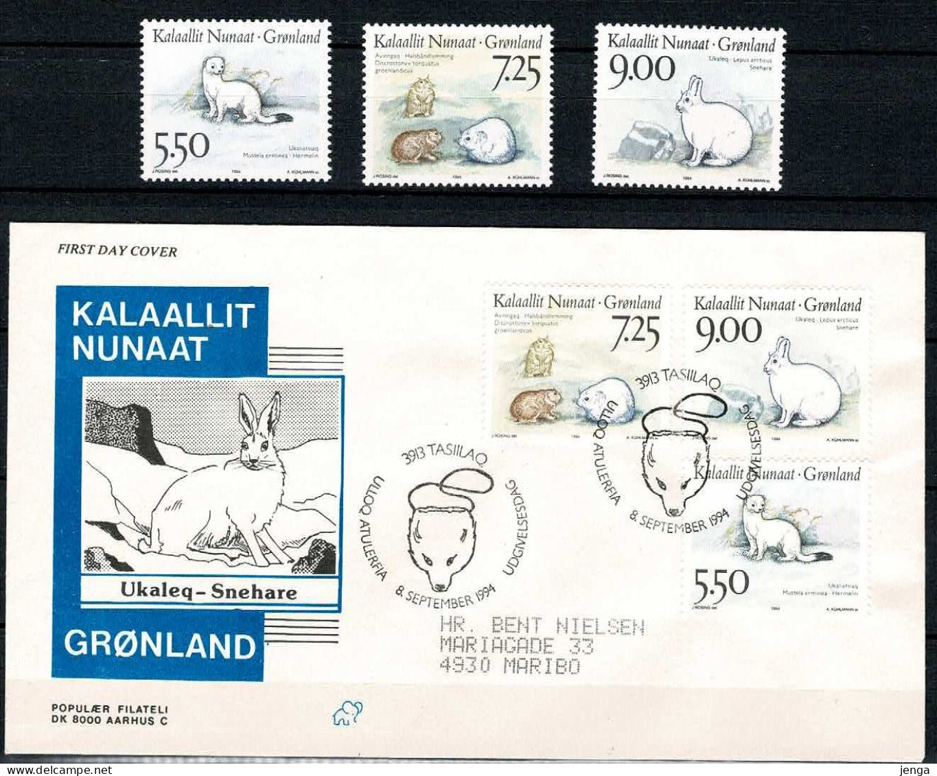 Greenland 1994; Wildlife - Ermine, Yellow-necked Lemming And Mountain Hare. Set Of 3 MNH(**) And FDC (Populær Filateli). - Autres & Non Classés