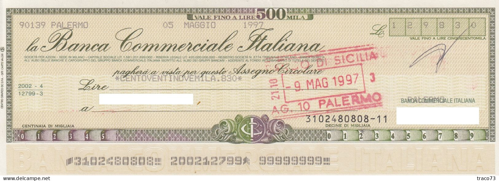 BANCA COMMERCIALE ITALIANA  /  Assegno Circolare_ Fino A 500.000 Lire - Other & Unclassified