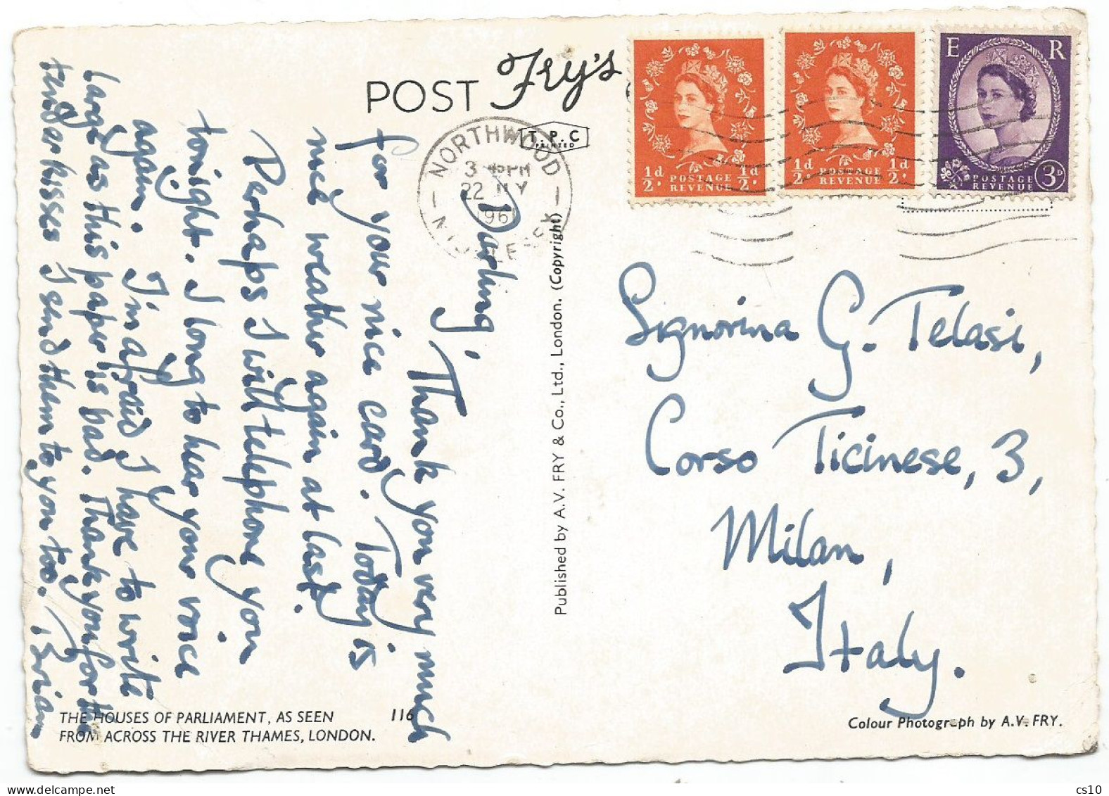 UK Britain Wilding Graphite Lines D.3 + Normal 2xo.5d Franking Pcard Northwood 22may1961 To Italy - Covers & Documents