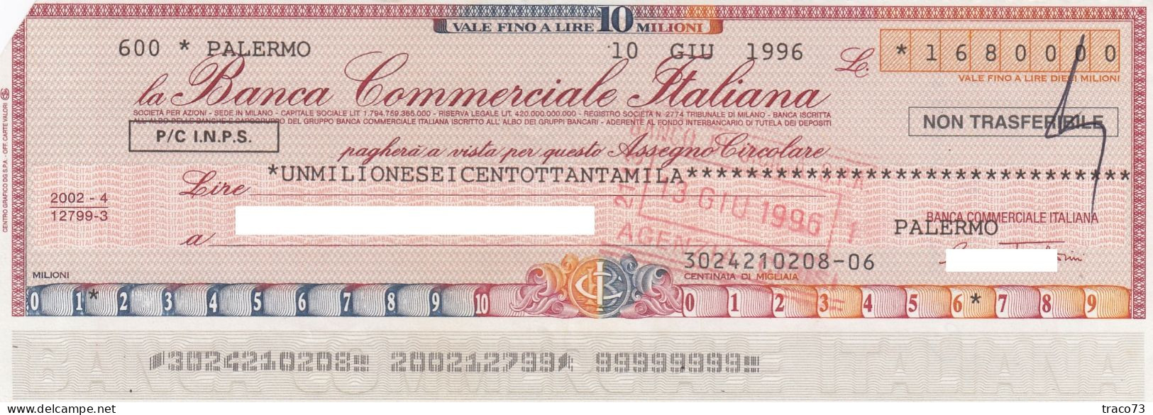 BANCA COMMERCIALE ITALIANA  /  Assegno Circolare_ Fino A 10.000.000 Di Lire - Sonstige & Ohne Zuordnung