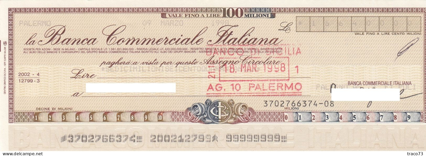 BANCA COMMERCIALE ITALIANA  /  Assegno Circolare_ Fino A 100.000.000 Di Lire - Other & Unclassified